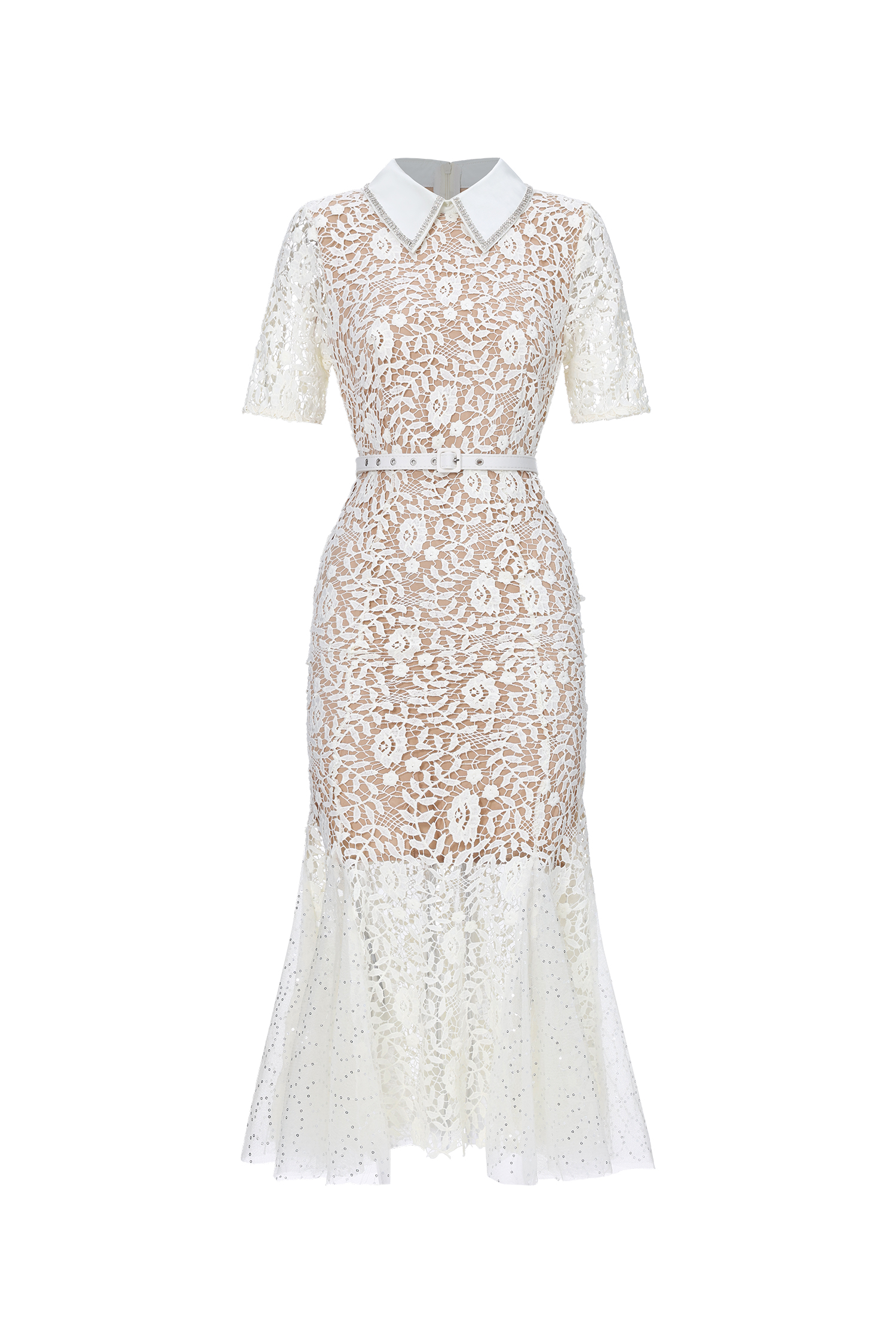 Selly Elegant Contour Short Sleeve Rhinestone Floral Lace Woven Maxi Dress