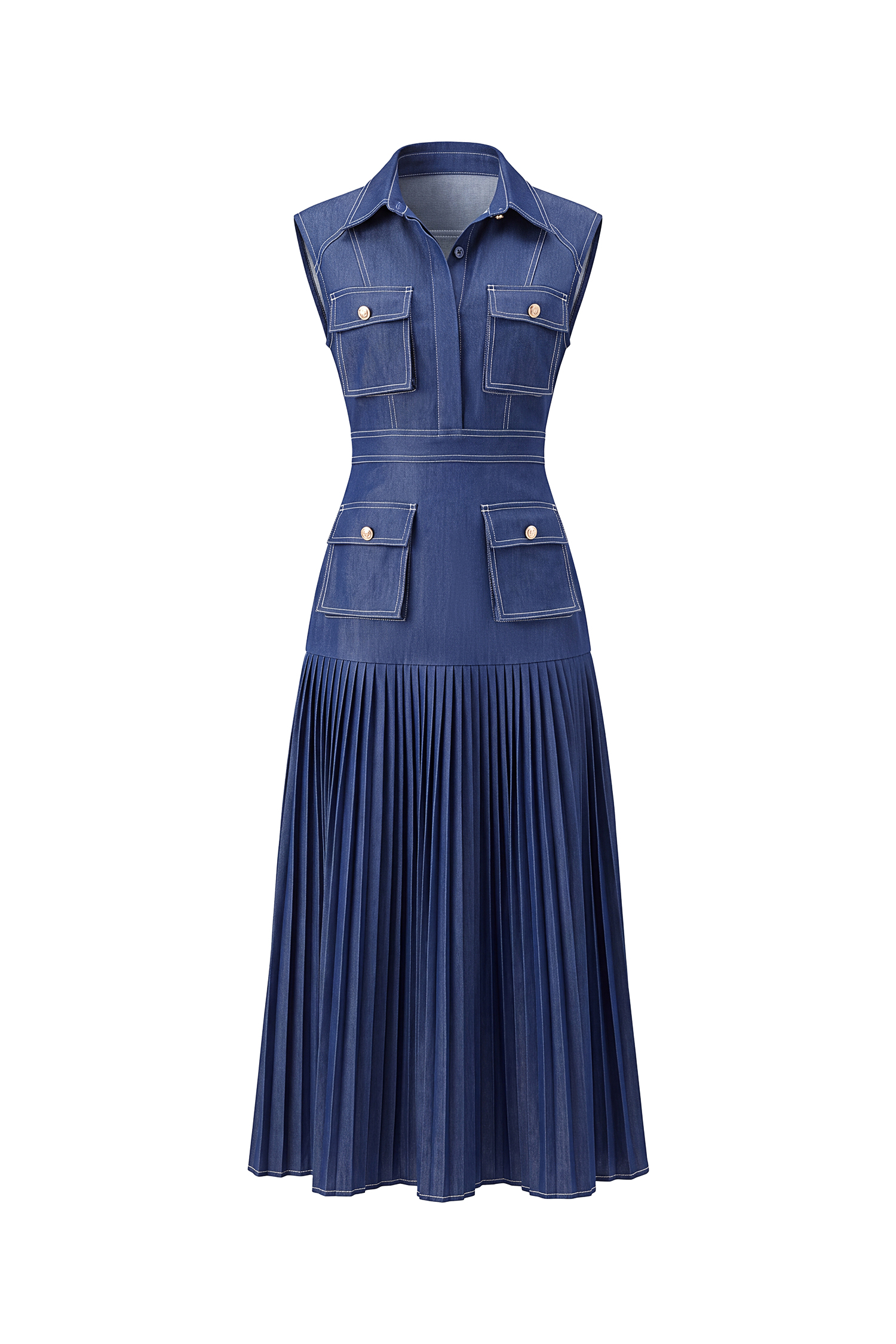 Jouy Elegant Tailored Sleeveless Pleated Denim Maxi Dress