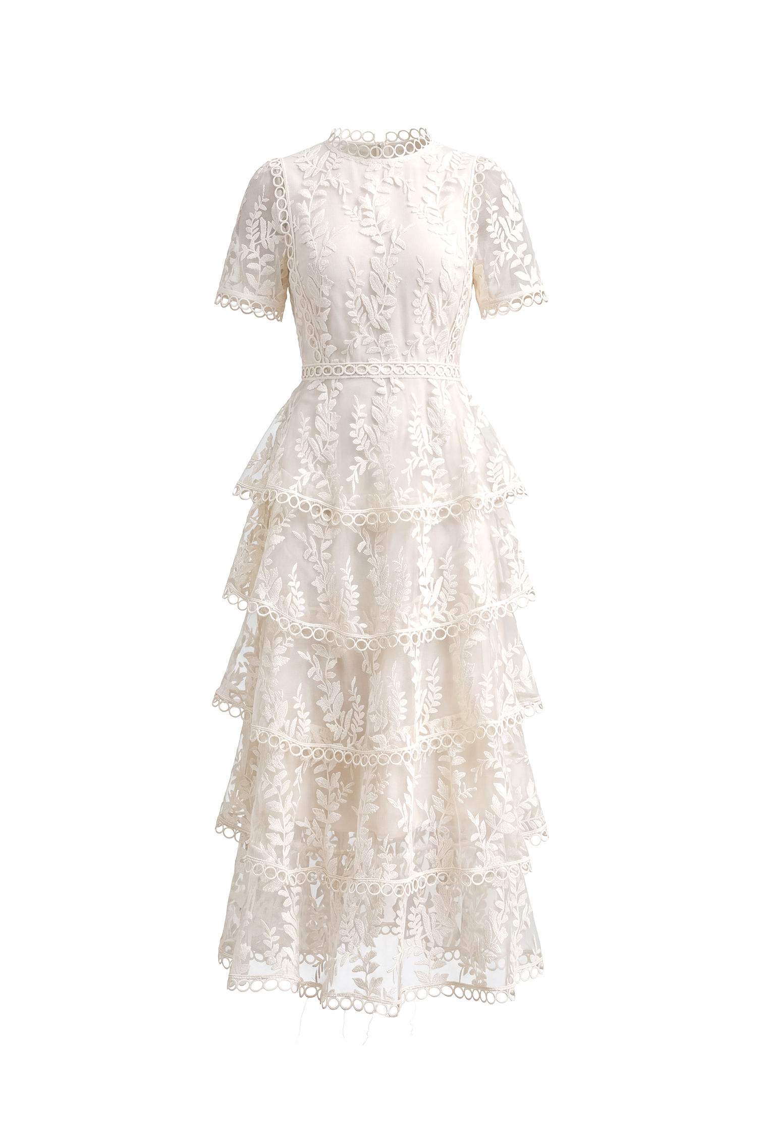 Yedda Resort Flowy Round Neck Short Sleeve Floral Embroidered Woven Maxi Dress