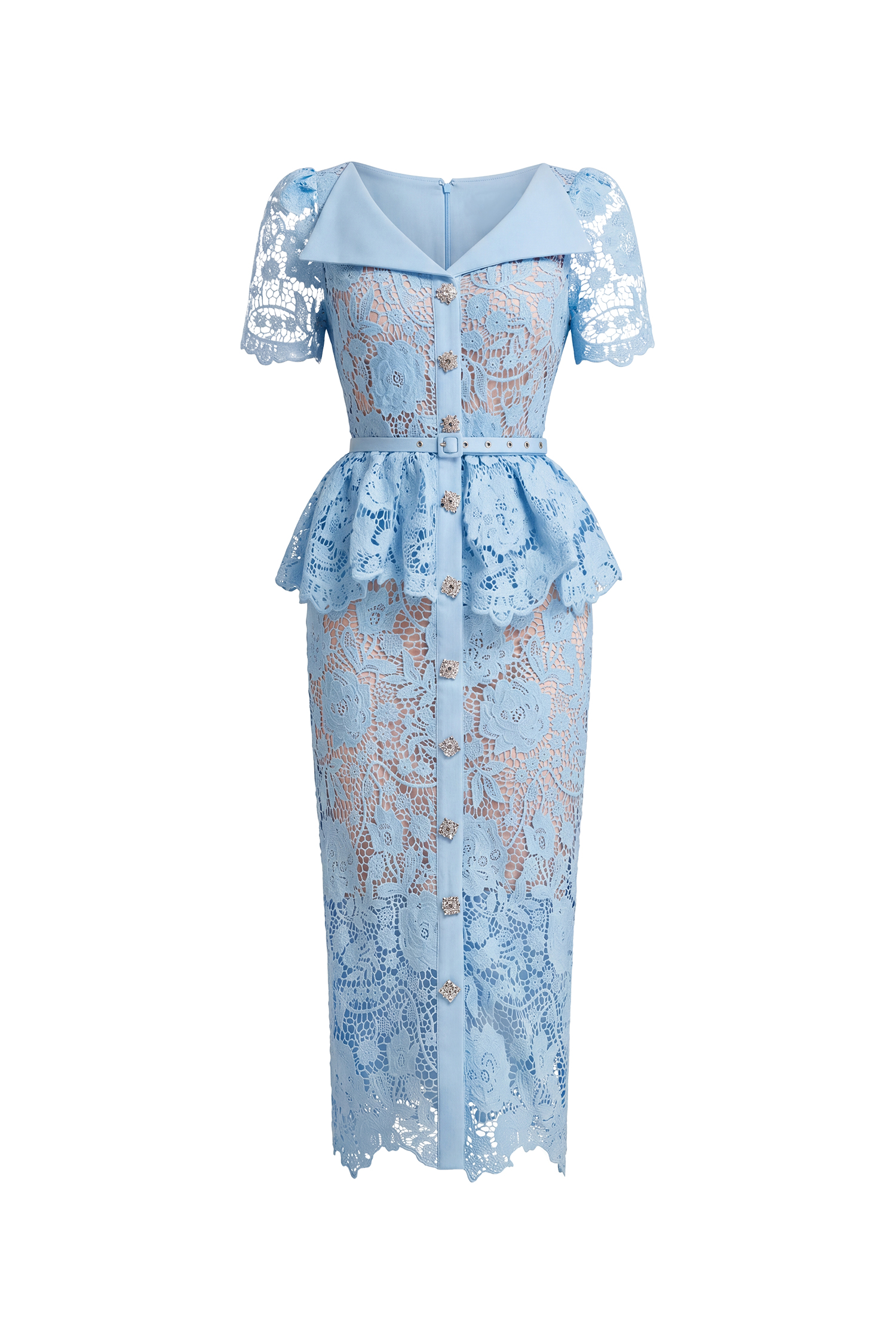 Quinn Elegant Cinched Short Sleeve Floral Lace Blue Maxi Dress
