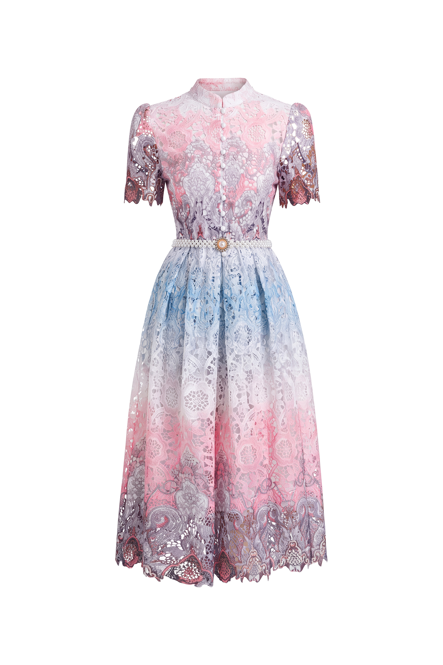 Weiss Resort Cinched Short Sleeve Floral Print Lace Midi Dress