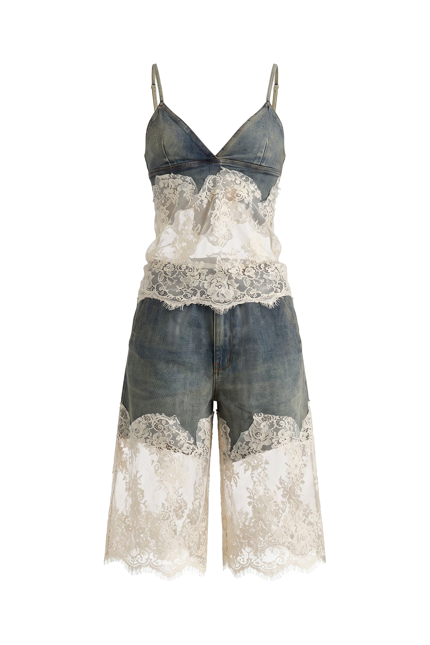 Jilly Vintage Tailored Spaghetti Strap Lace Trimmed Denim Top And Pants Two Piece Set
