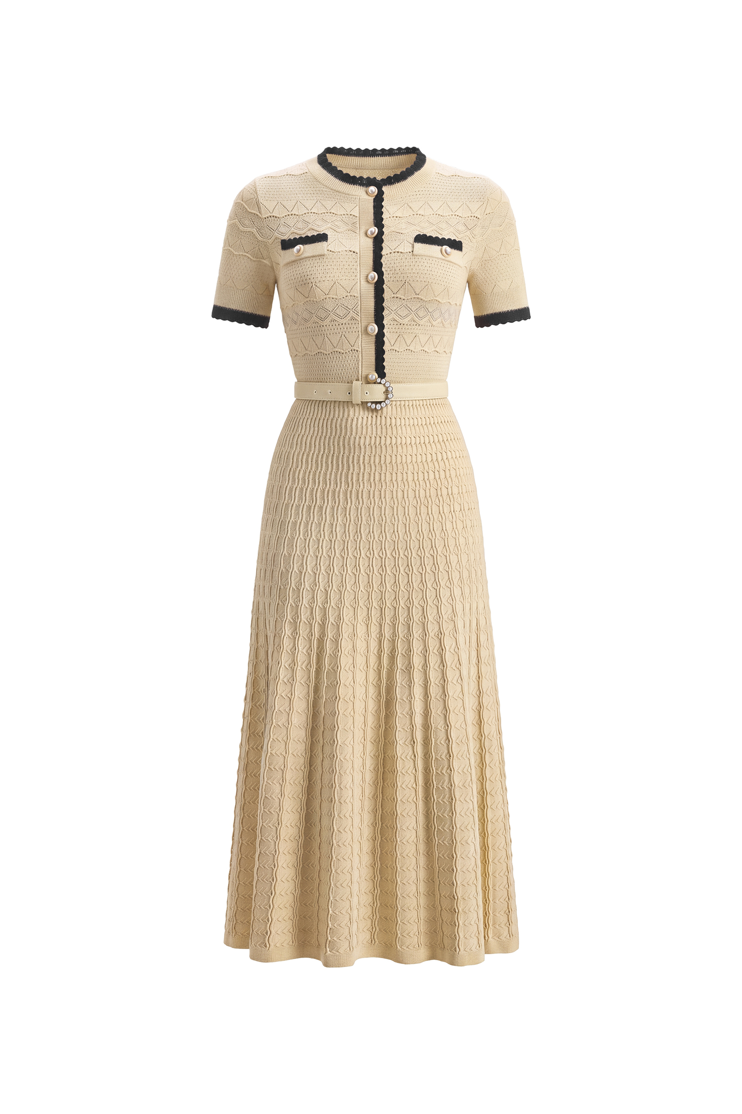 Wagani Elegant Contour Round Neck Short Sleeve Knit Maxi Dress