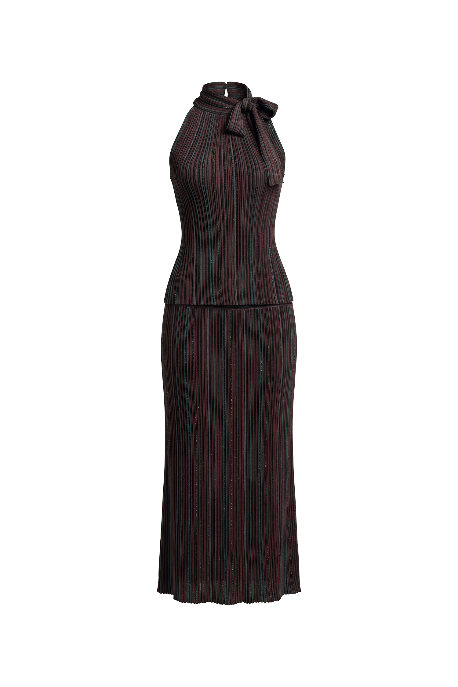Ursula Vertical Contour Sleeveless Bowvertical Stripes Knit Top and Skirt Two Piece Set