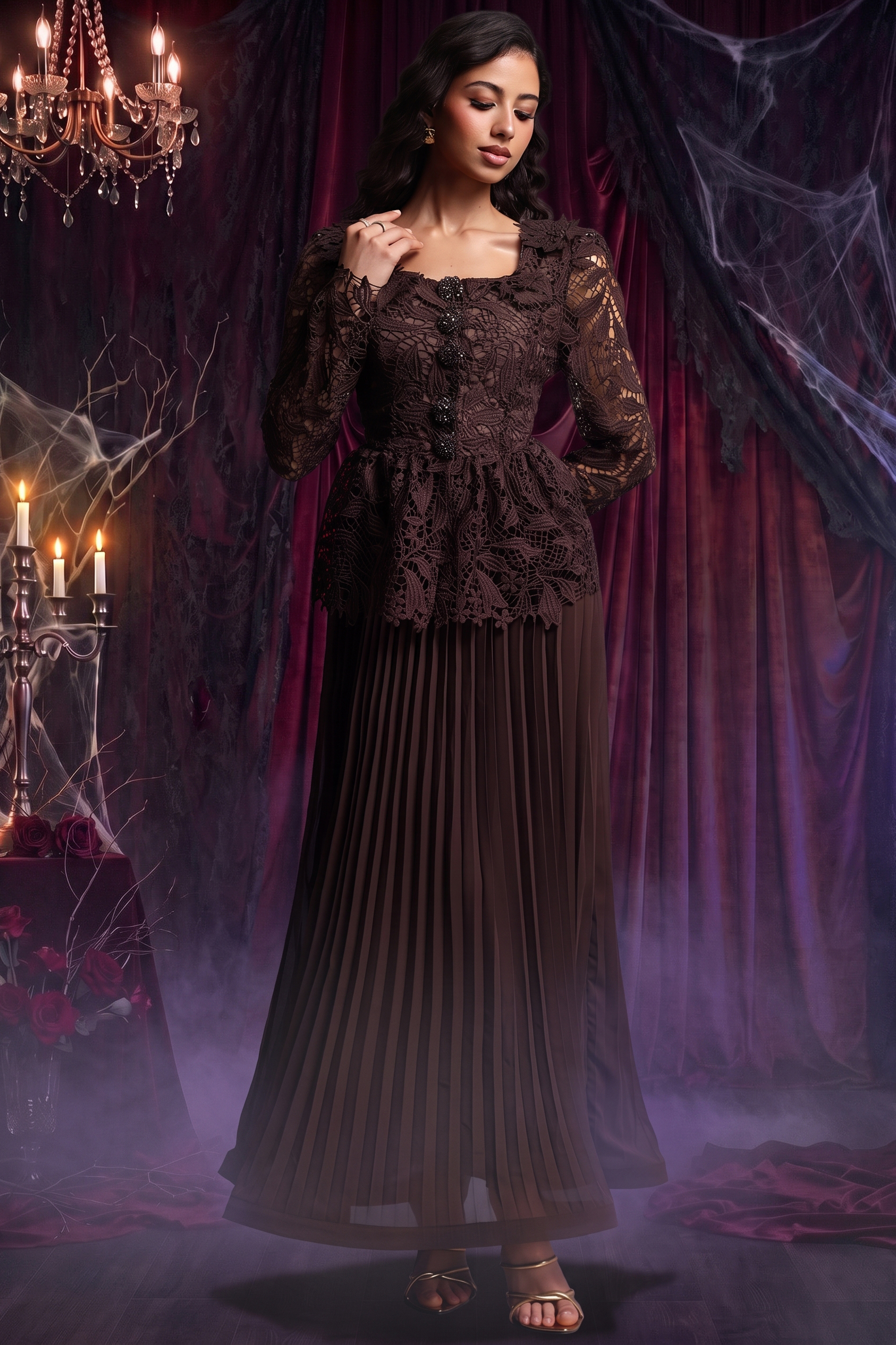 Lucica Romantic Flowy Long Sleeve Floral Lace Brown Top and Skirt Two Piece Set