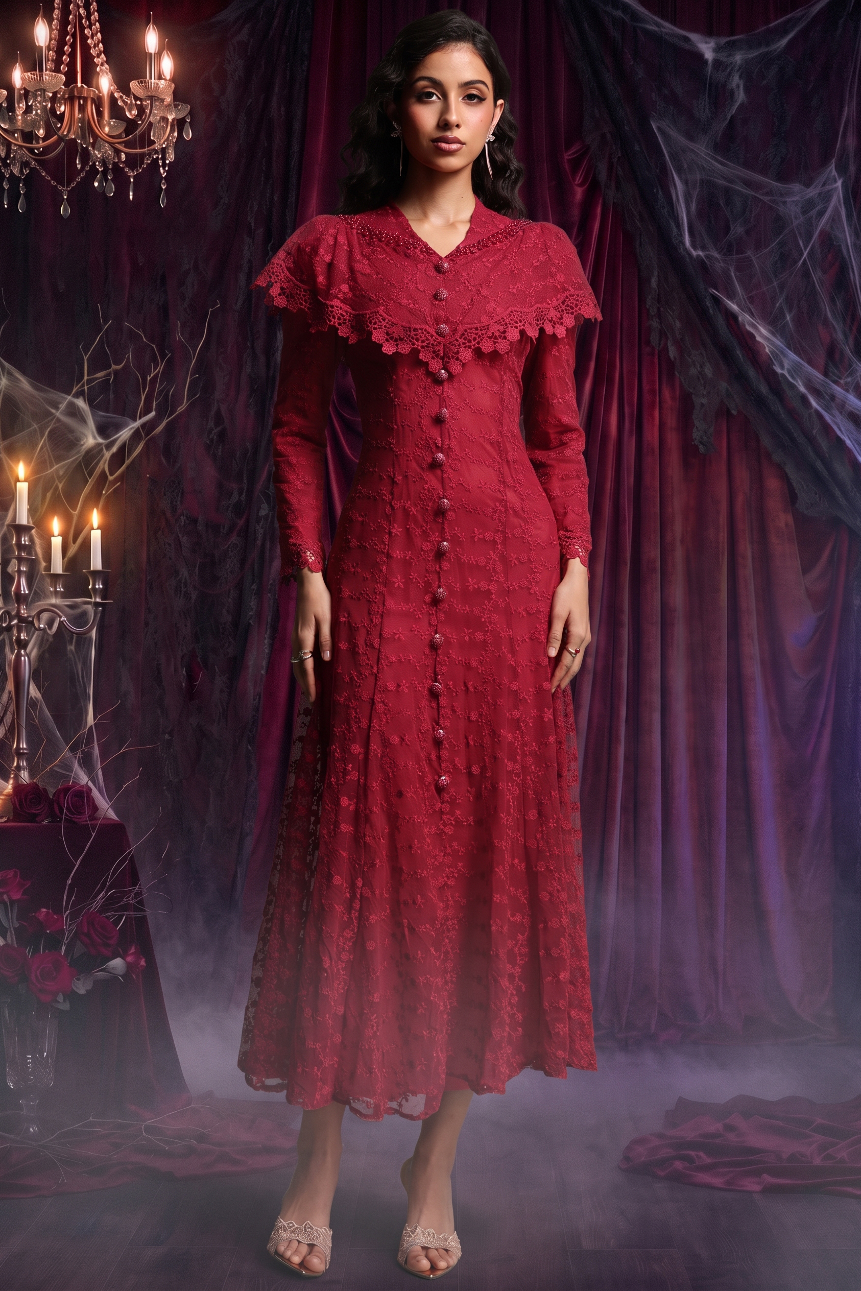 Joy Romantic Contour Cape Ruffle Collar Long Sleeve Floral Lace Maxi Dress