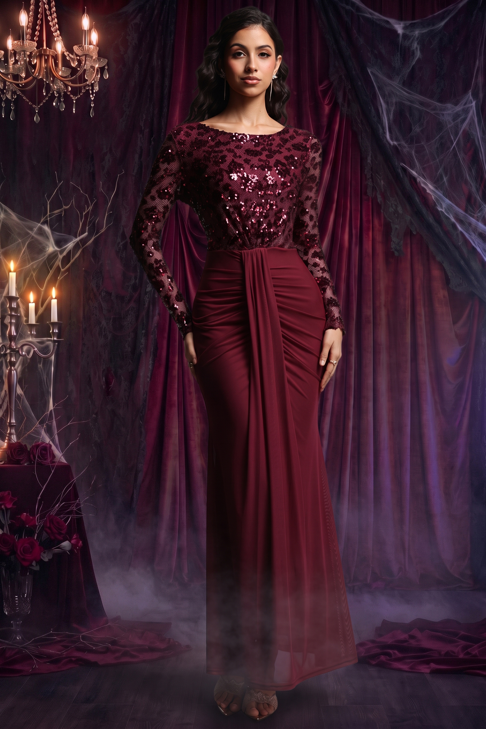 Kaitlyn Vintage Contour Round Neck Long Sleeve Sequin Knit Maxi Dress