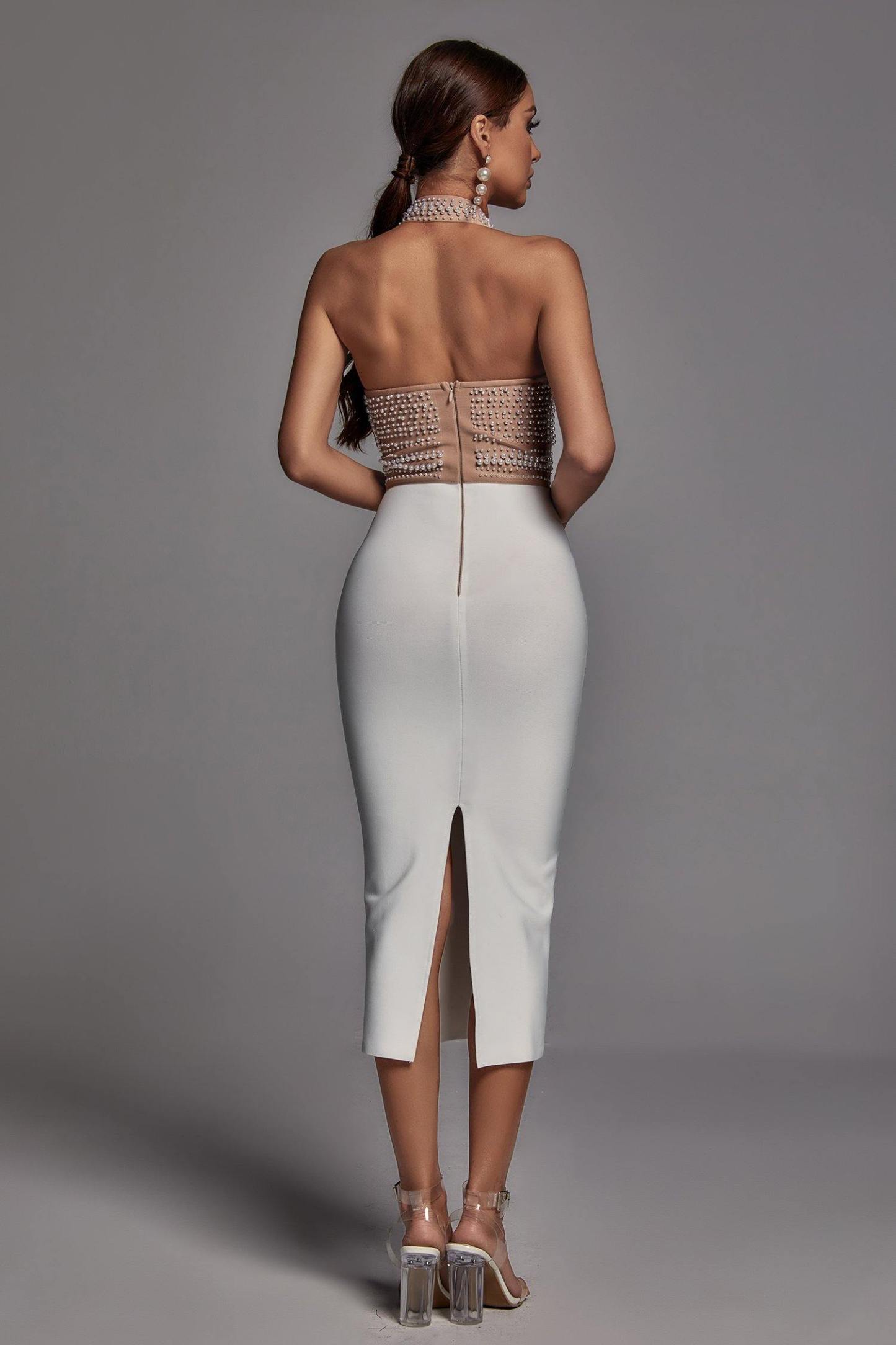 Cornelia Pearl Halter Bandage Dress - Beige - Bellabarnett