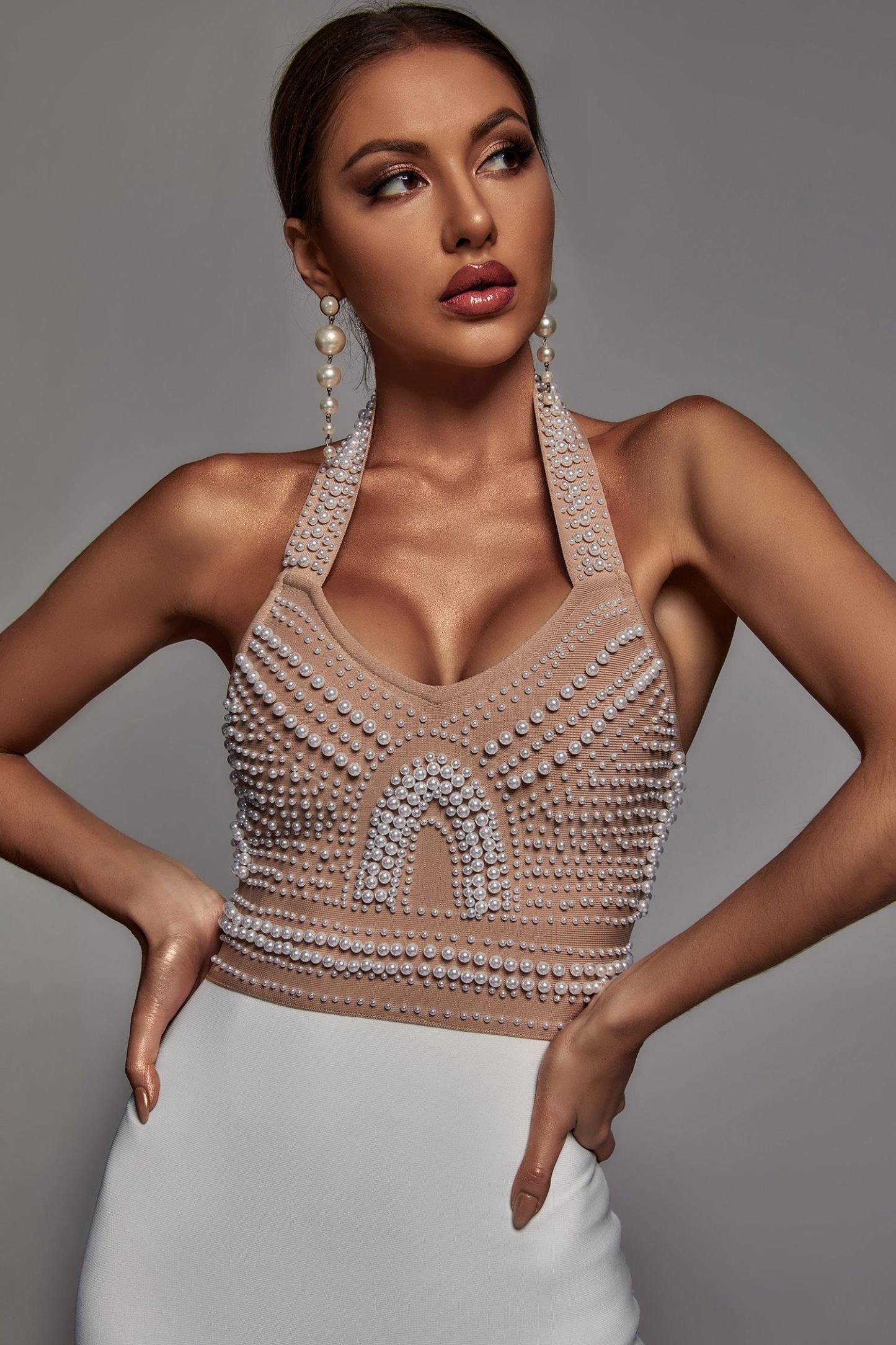 Luxury Pearl Embellished Halter Neck Bodycon Bandage Midi Dress - Apri –  Luxedress