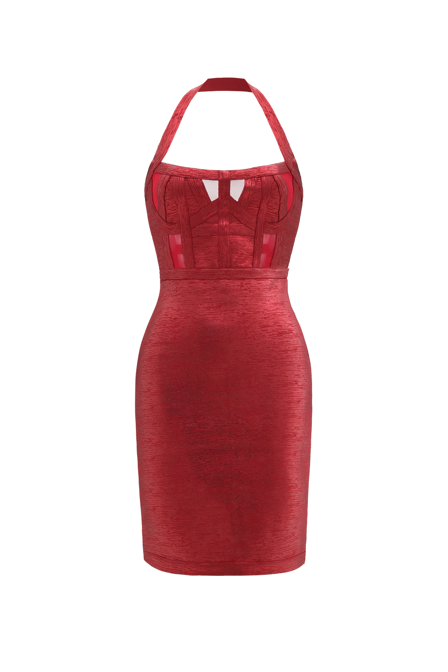 Halter Metallic Bandage Dress - Dark Red