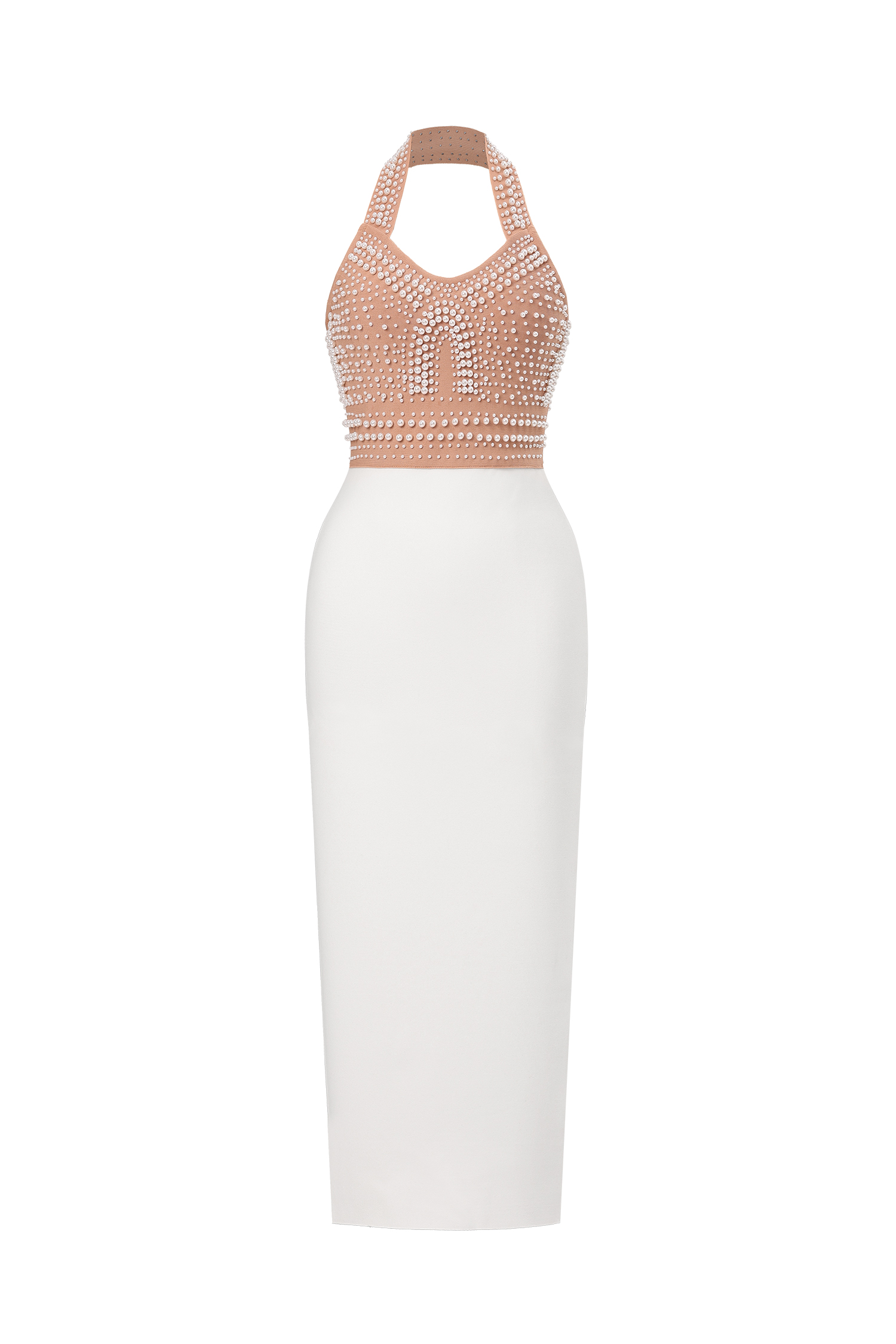 Cornelia Pearl Halter Bandage Dress - Beige