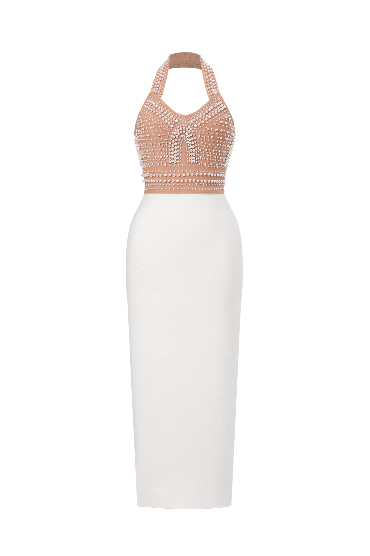 Cornelia Pearl Halter Bandage Dress - Beige