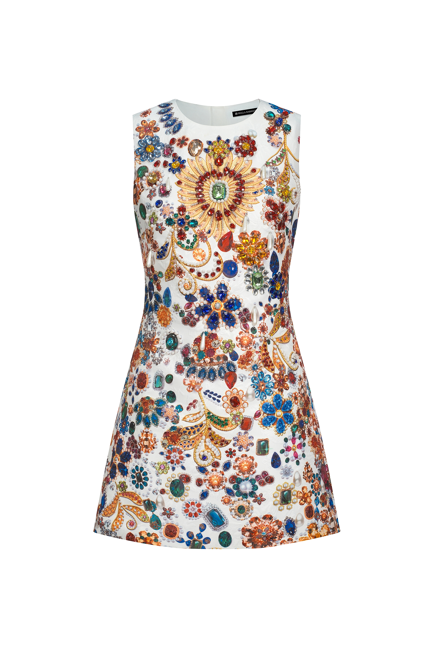 Gio white sleeveless mini dress with colorful floral jewel-inspired decoration and diamante details