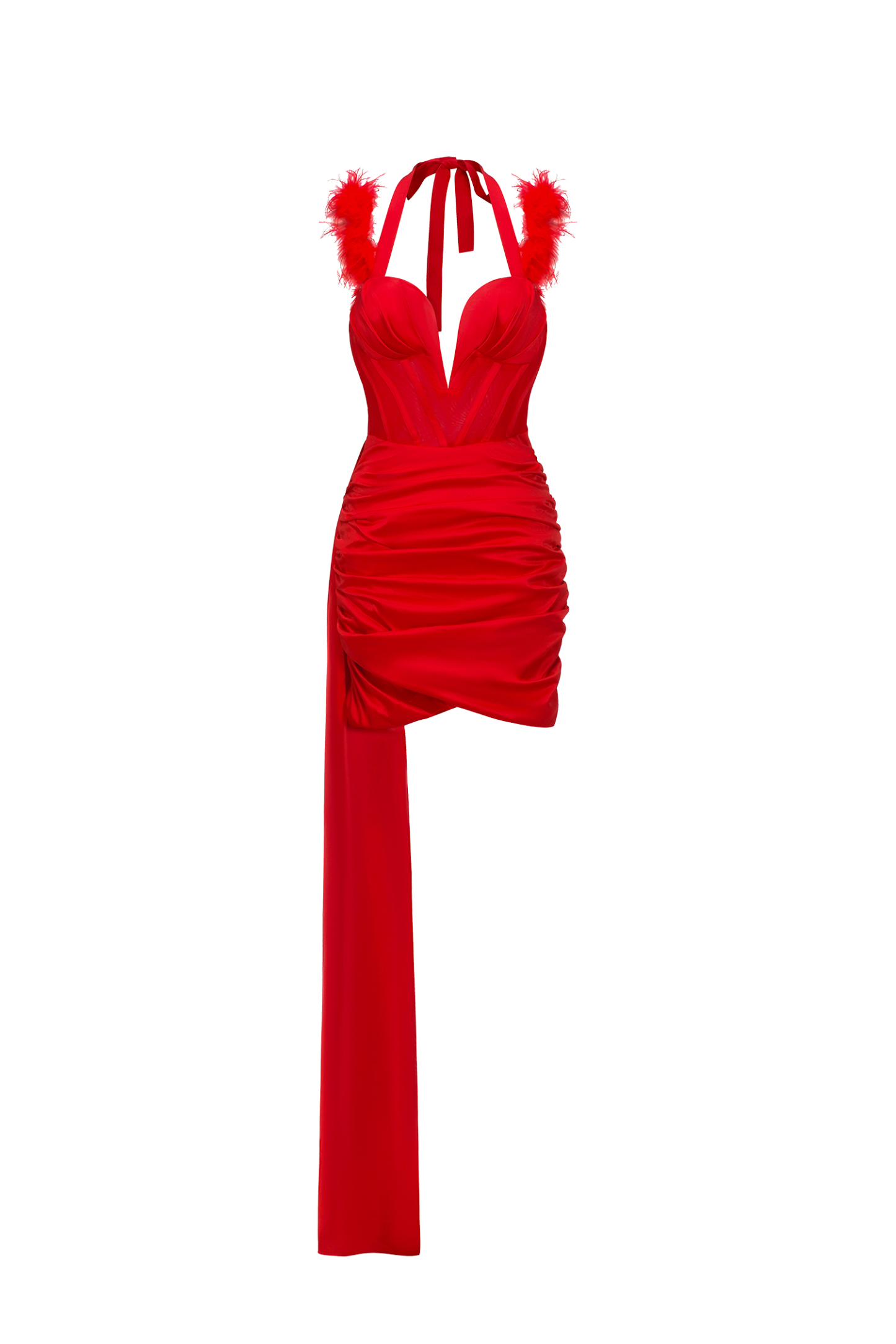 Lala Halterneck Feather Satin Mini Dress - Red