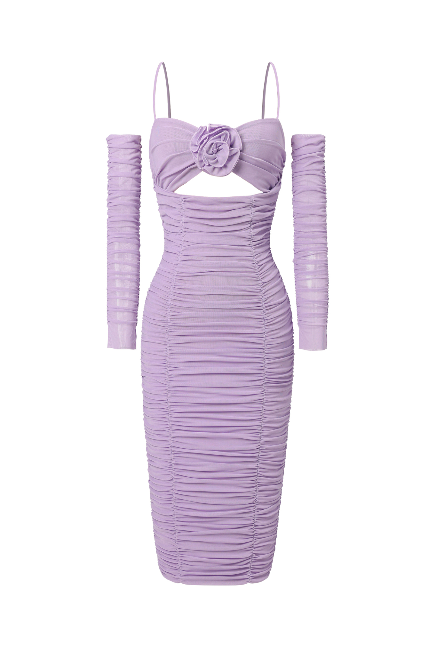 Waza Halter Cut Out Ruched Mesh Midi Dress