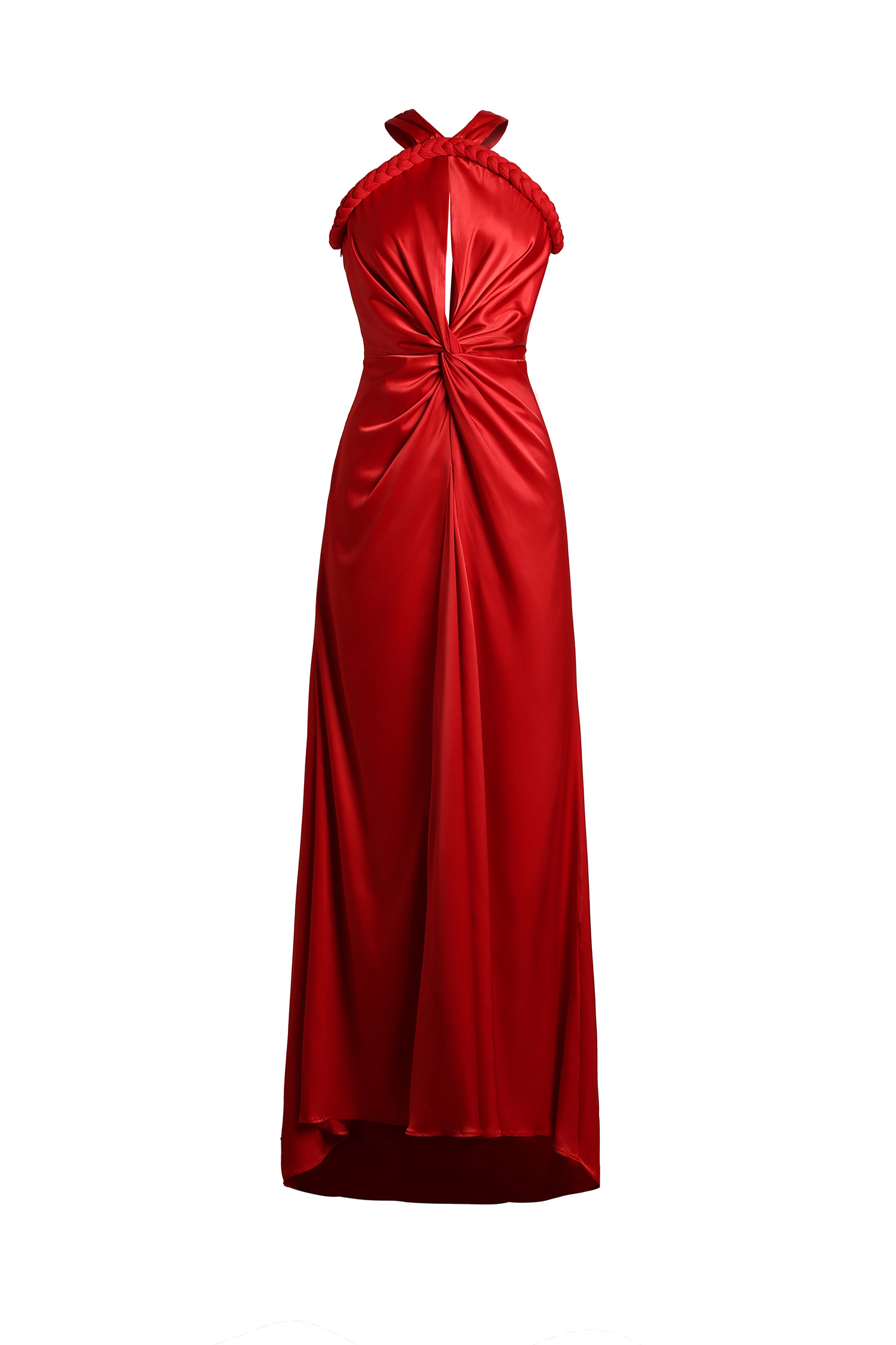 Vanya Woven Halter Cut Out Satin Maxi Dress - Red