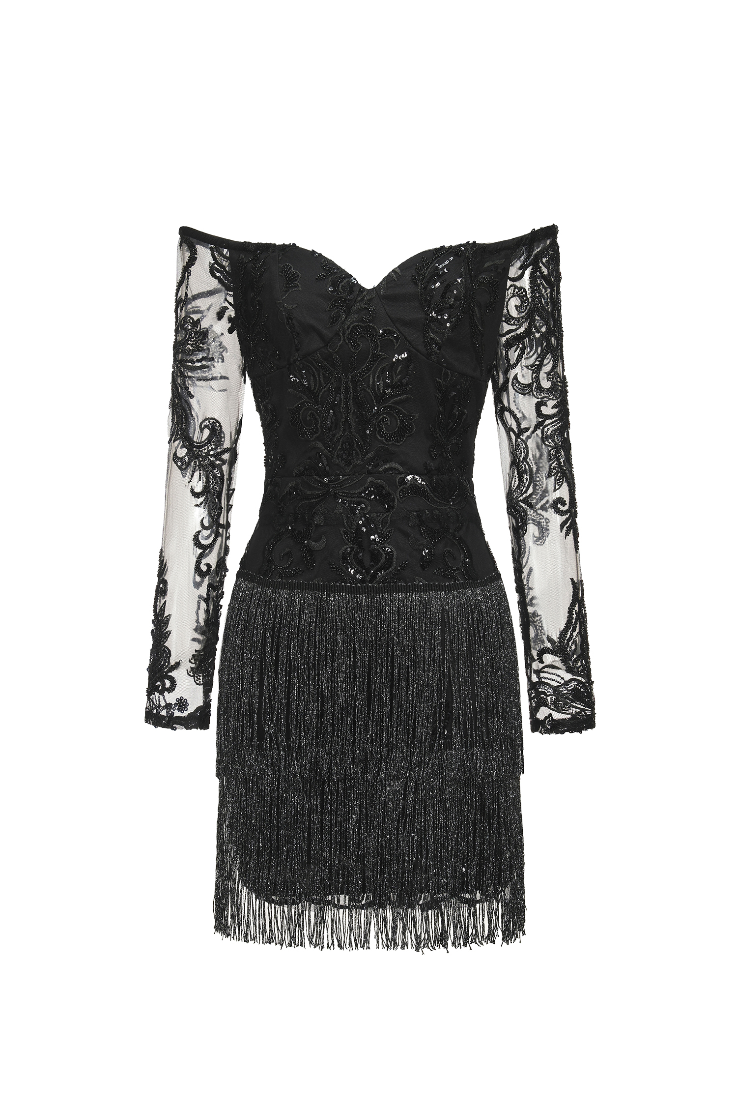 Ludia Lace Sequins Off Shoulder Fringe Mini Dress