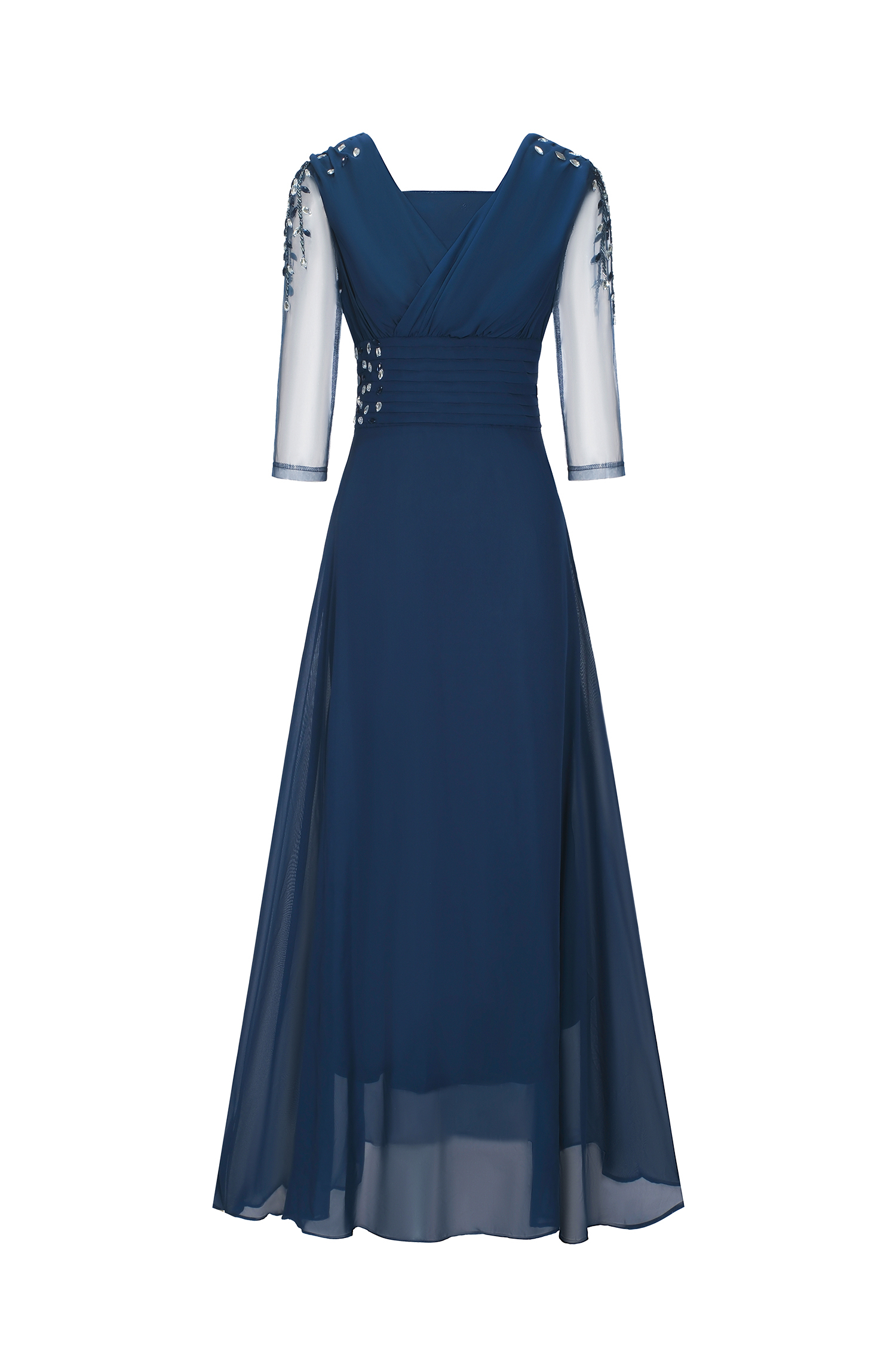 Blanche Diamante Pleated Mesh Satin Maxi Dress - Navy