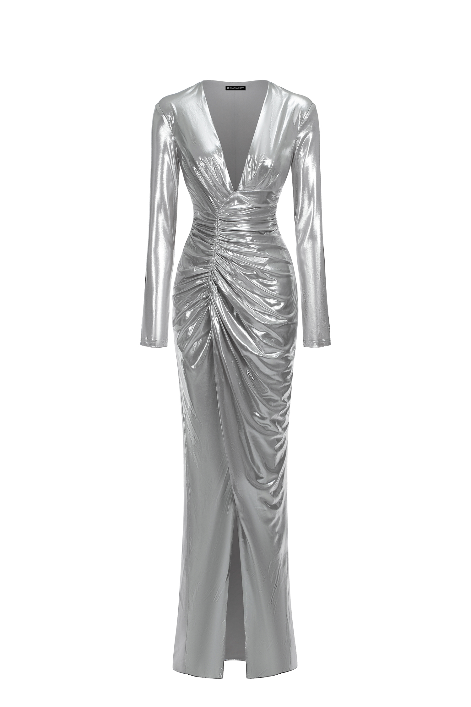 Linka Deep V Long Sleeve Shirr Maxi Dress