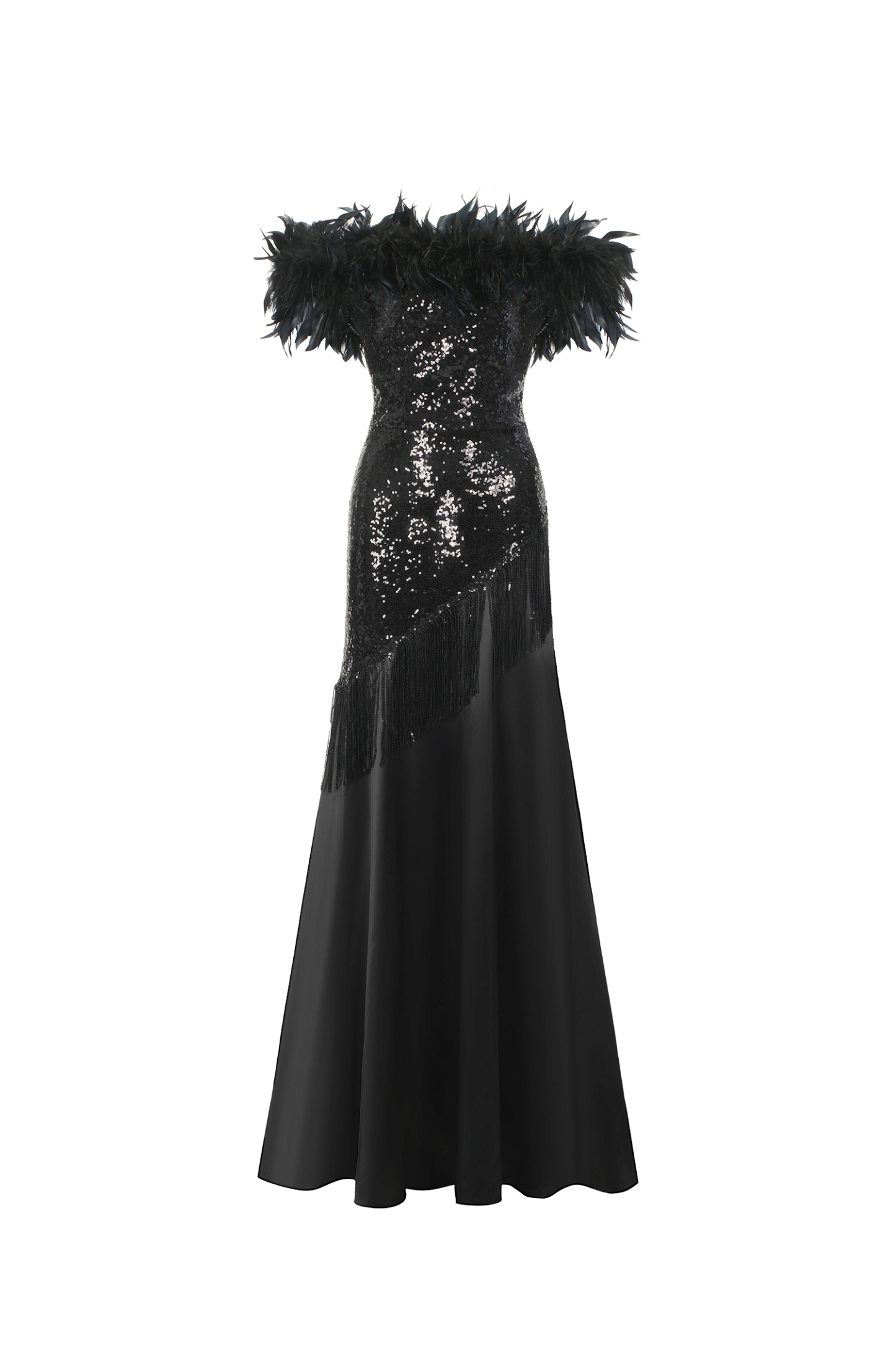 Iomo One Shoulder Sleeveless Feather Sequin Tassel Maxi Dress