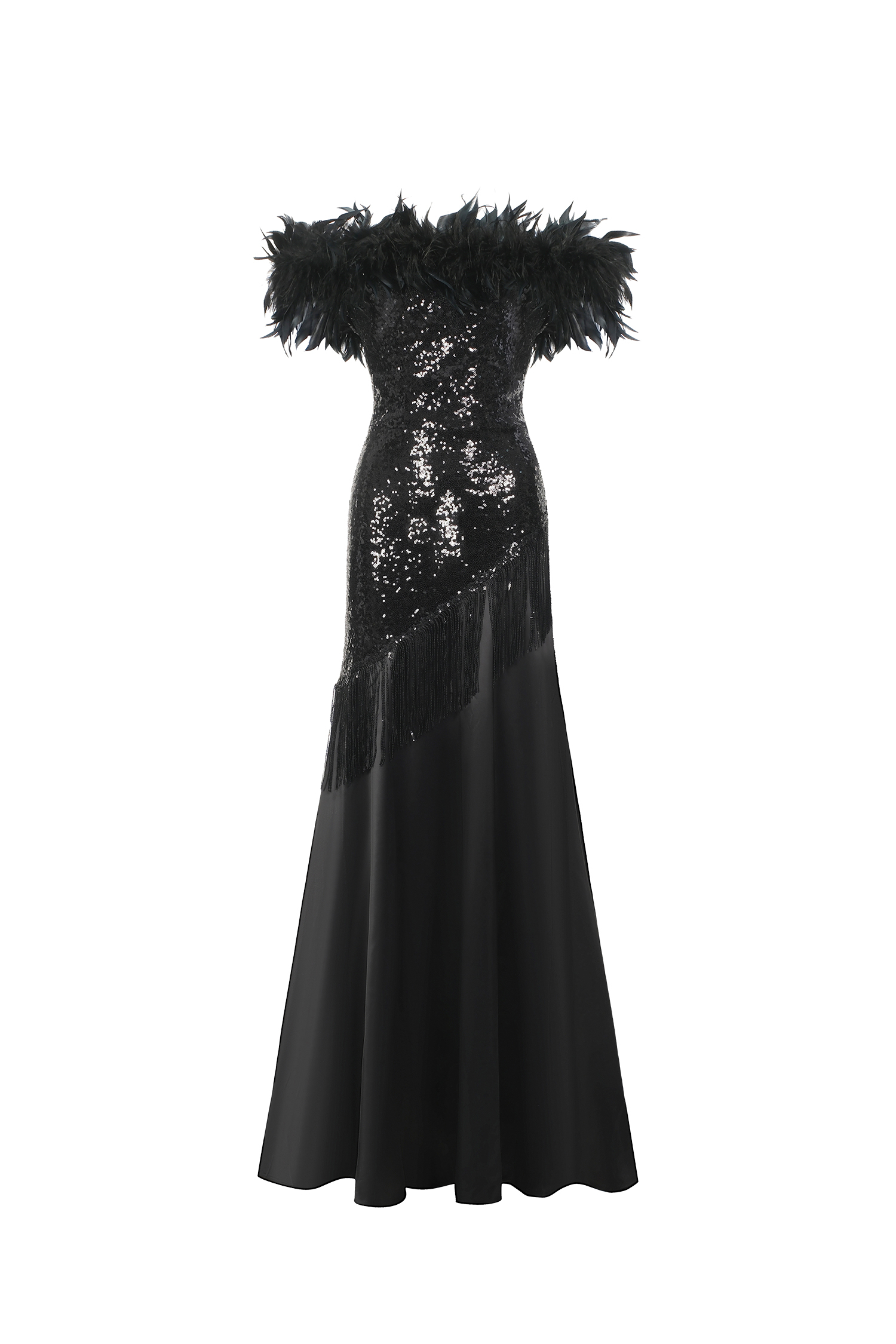 Iomo One Shoulder Sleeveless Feather Sequin Tassel Maxi Dress