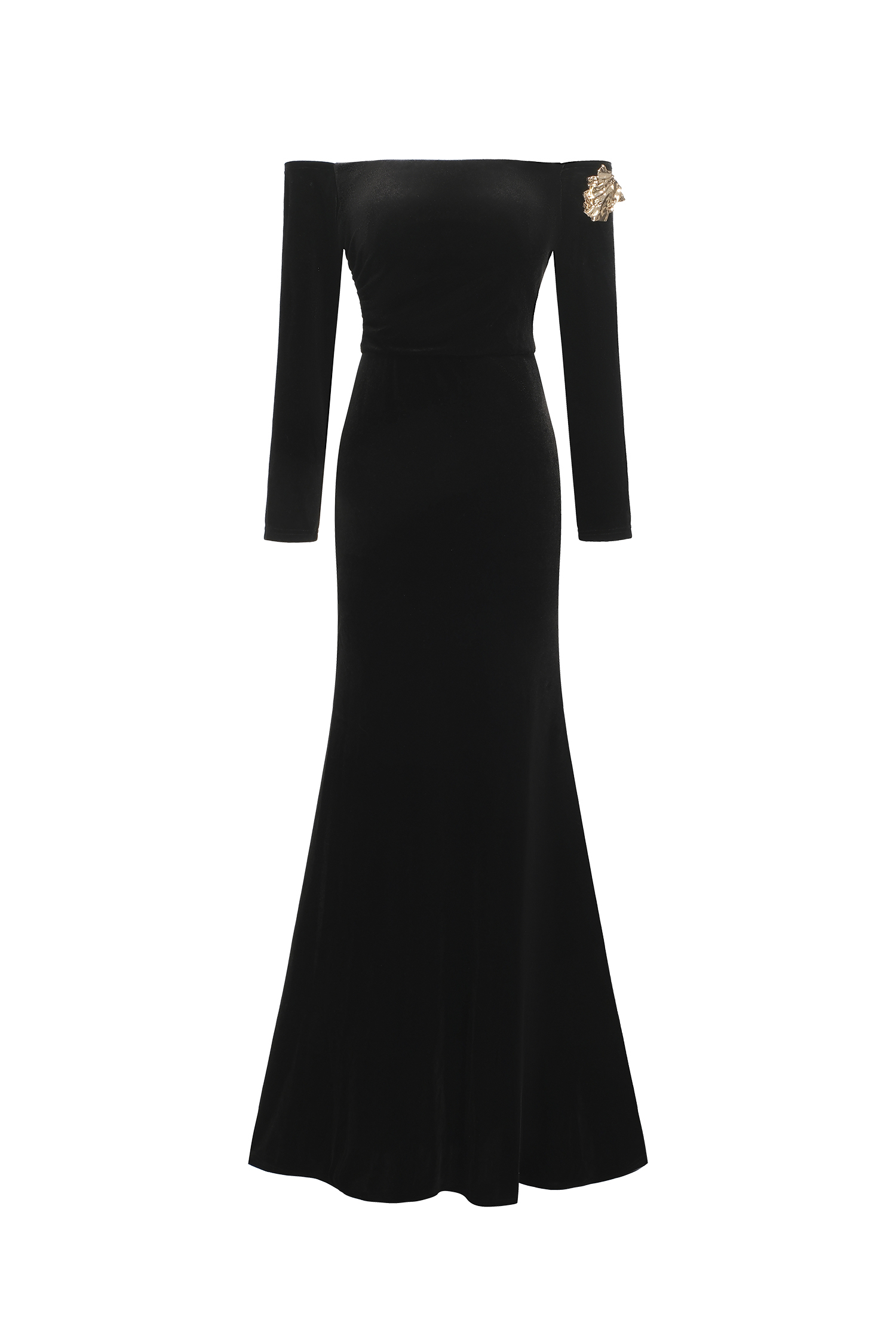 Sarada Off Shoulder Long Sleeves High Slit Velvet Maxi Dress