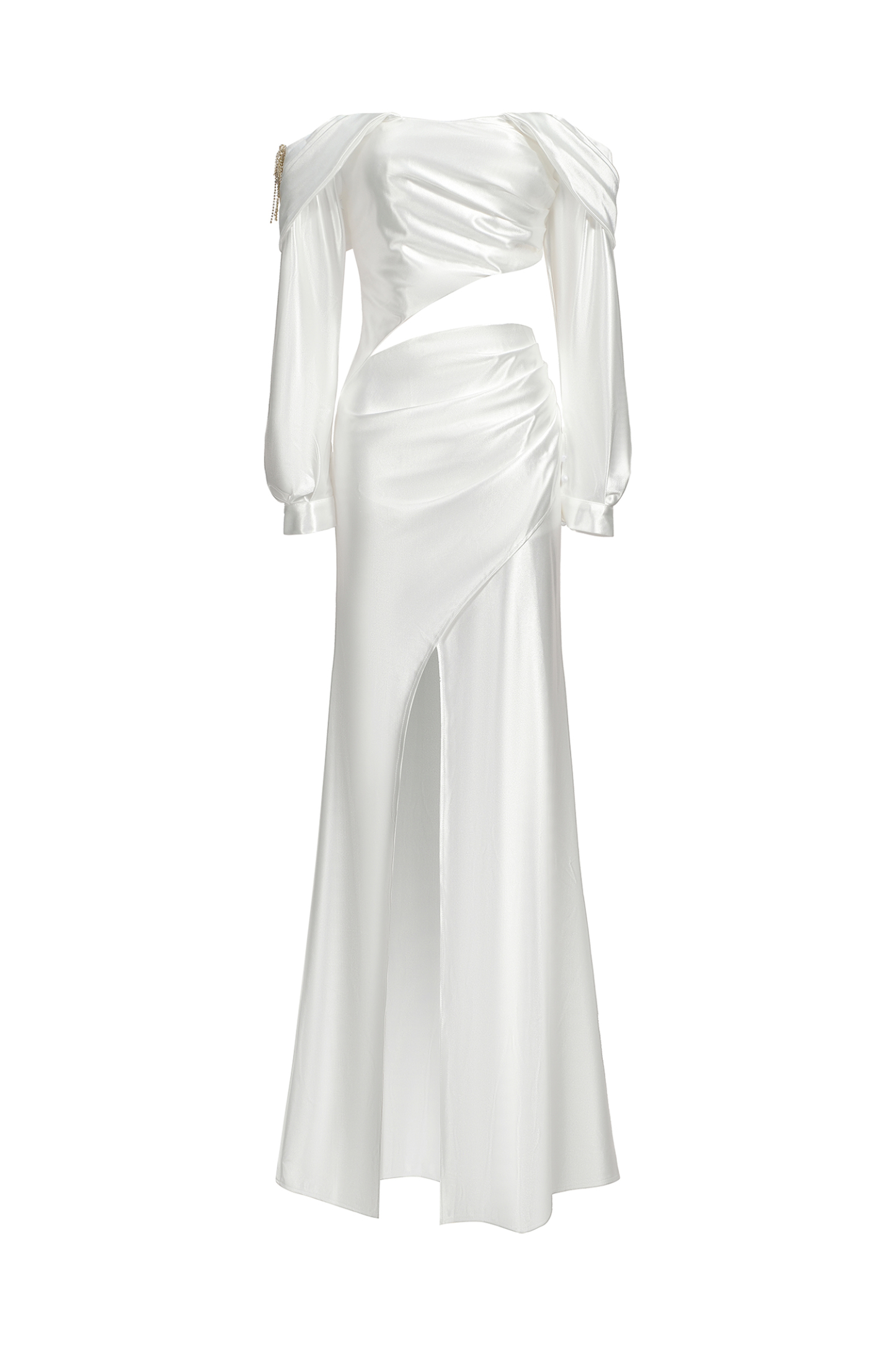 プラス-デオ Dotty One Shoulder Long Sleeves Hollow High Slit Satin Maxi