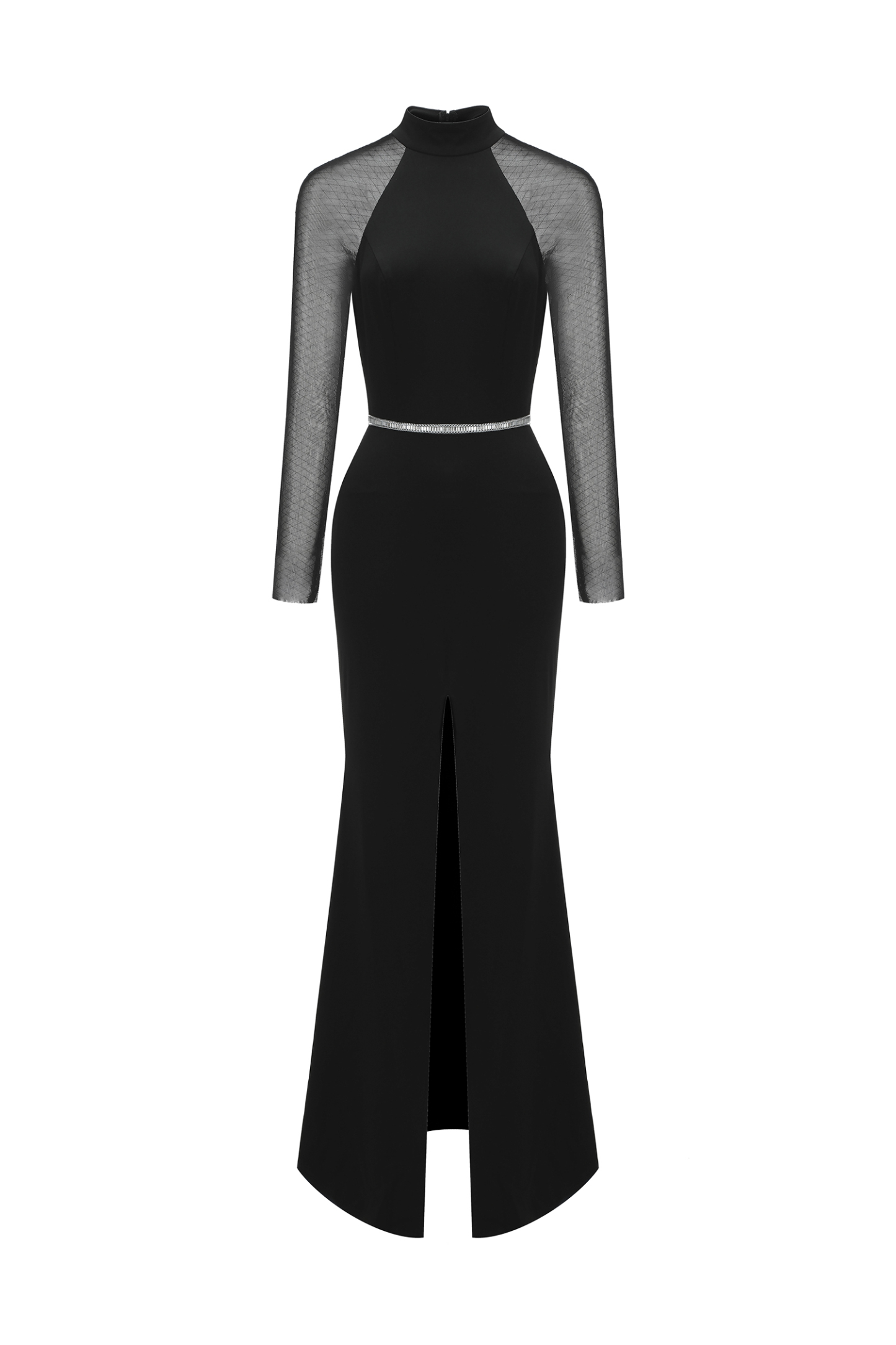Gini High Neck Long Sleeves Diamond High Slit Maxi Dress