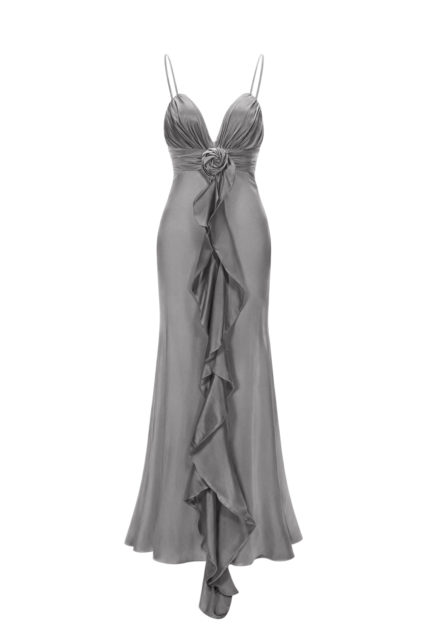 Yvonne Sleeveless V-Neck Flowers Flounce Gray Maxi Dress