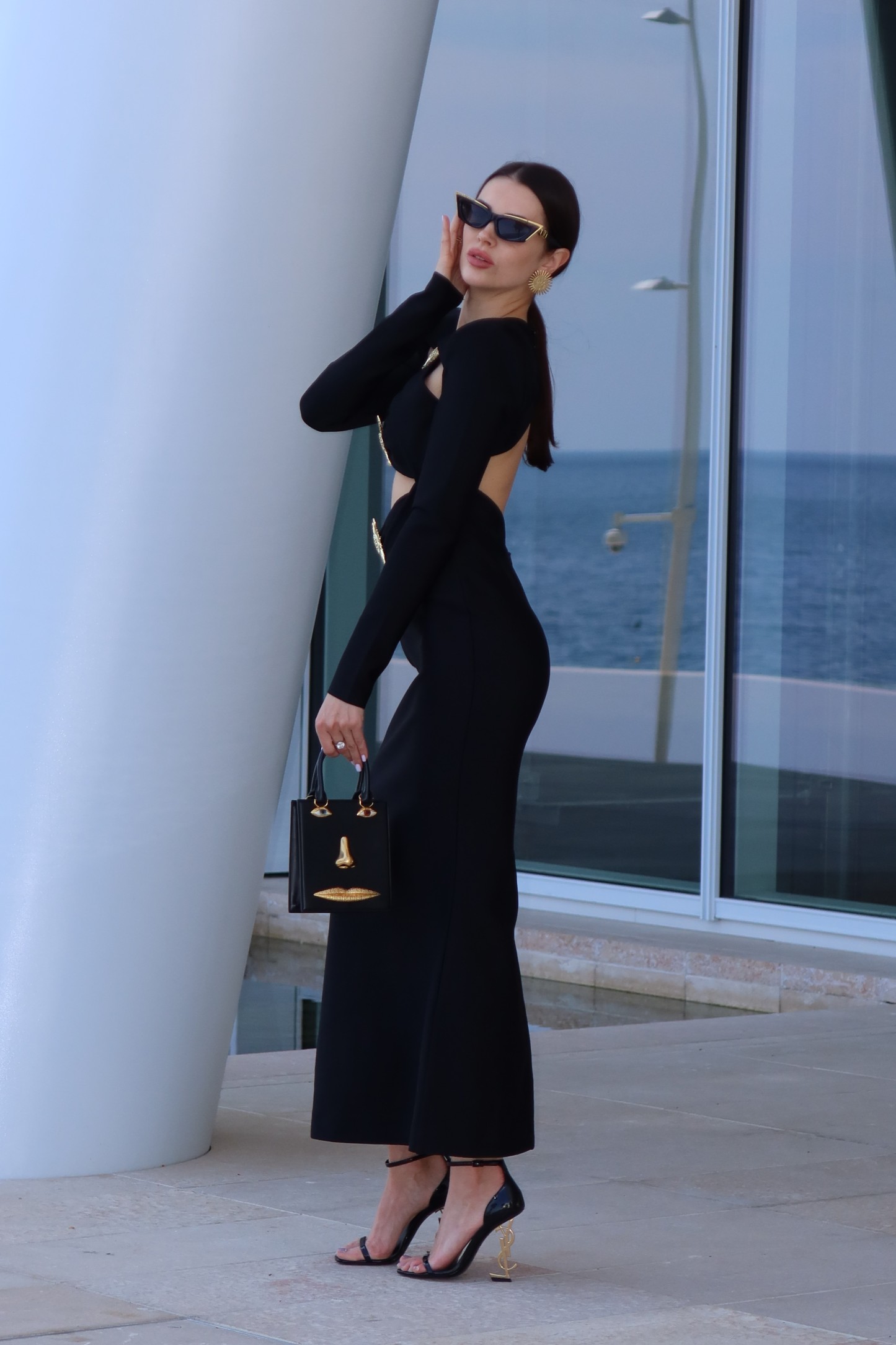 Filasy Long Sleeve Hollow Out Fishtail Bandage Maxi Dress