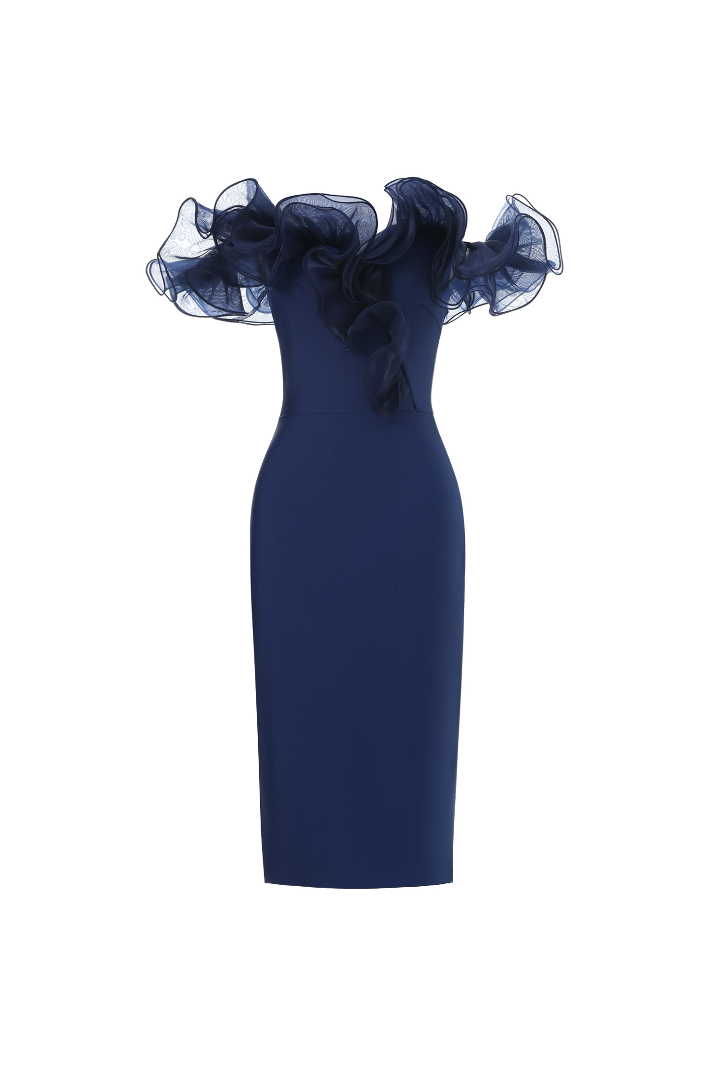 Leanna Off The Shoulder Flounce Bandage Blue Midi Dress