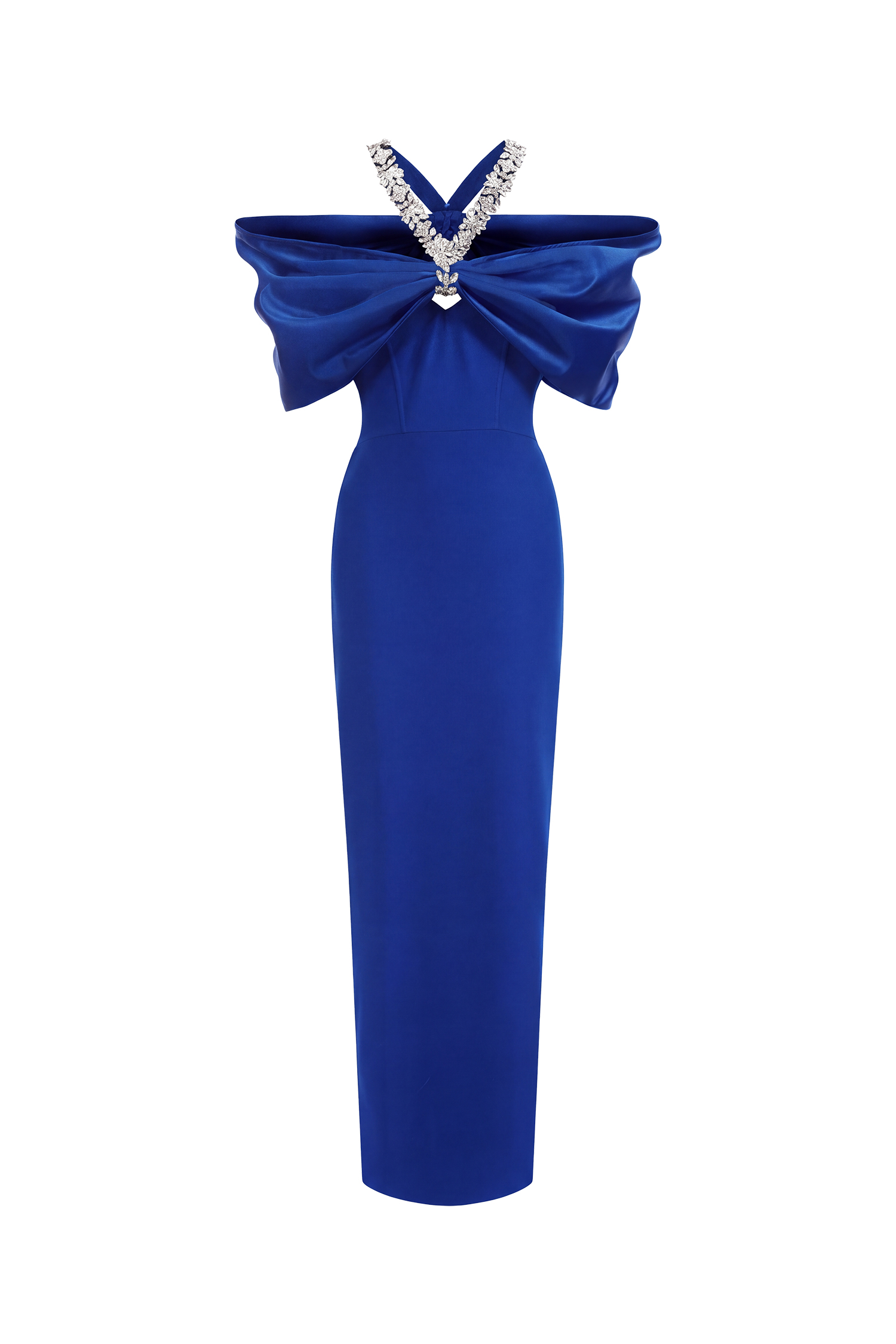 Sloan Halter Diamond Off Shoulder Bandage Blue Maxi Dress