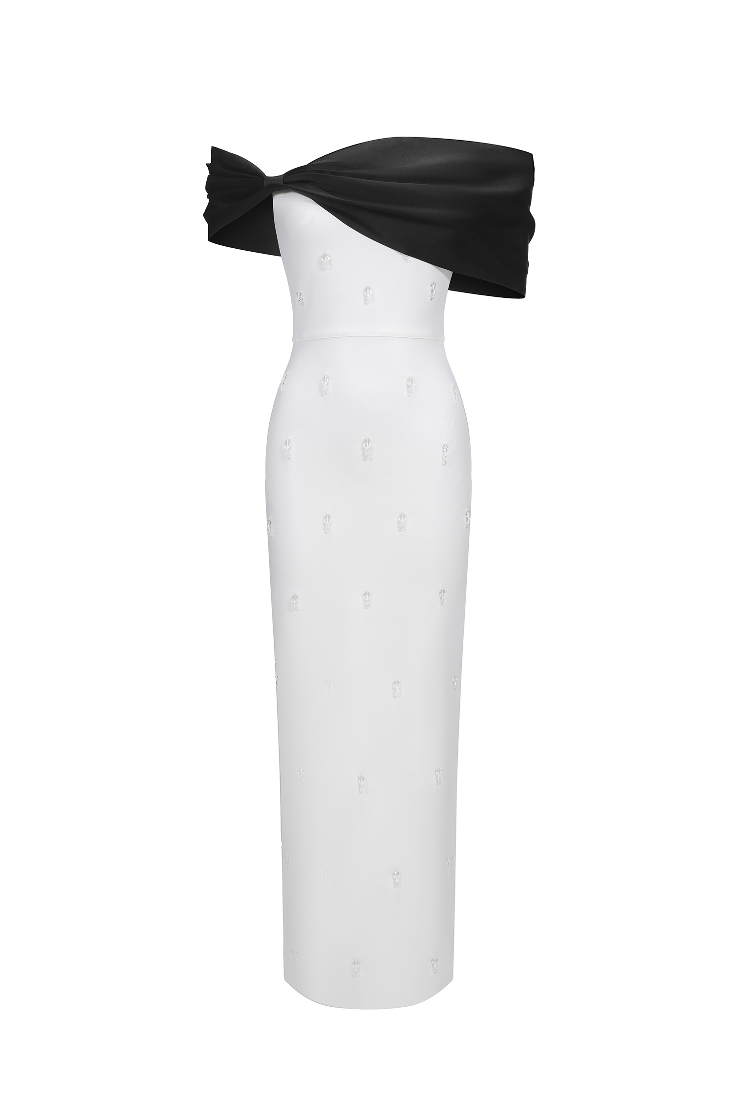 Sharla Off-The-Shoulder Diamond Bow Maxi Dress