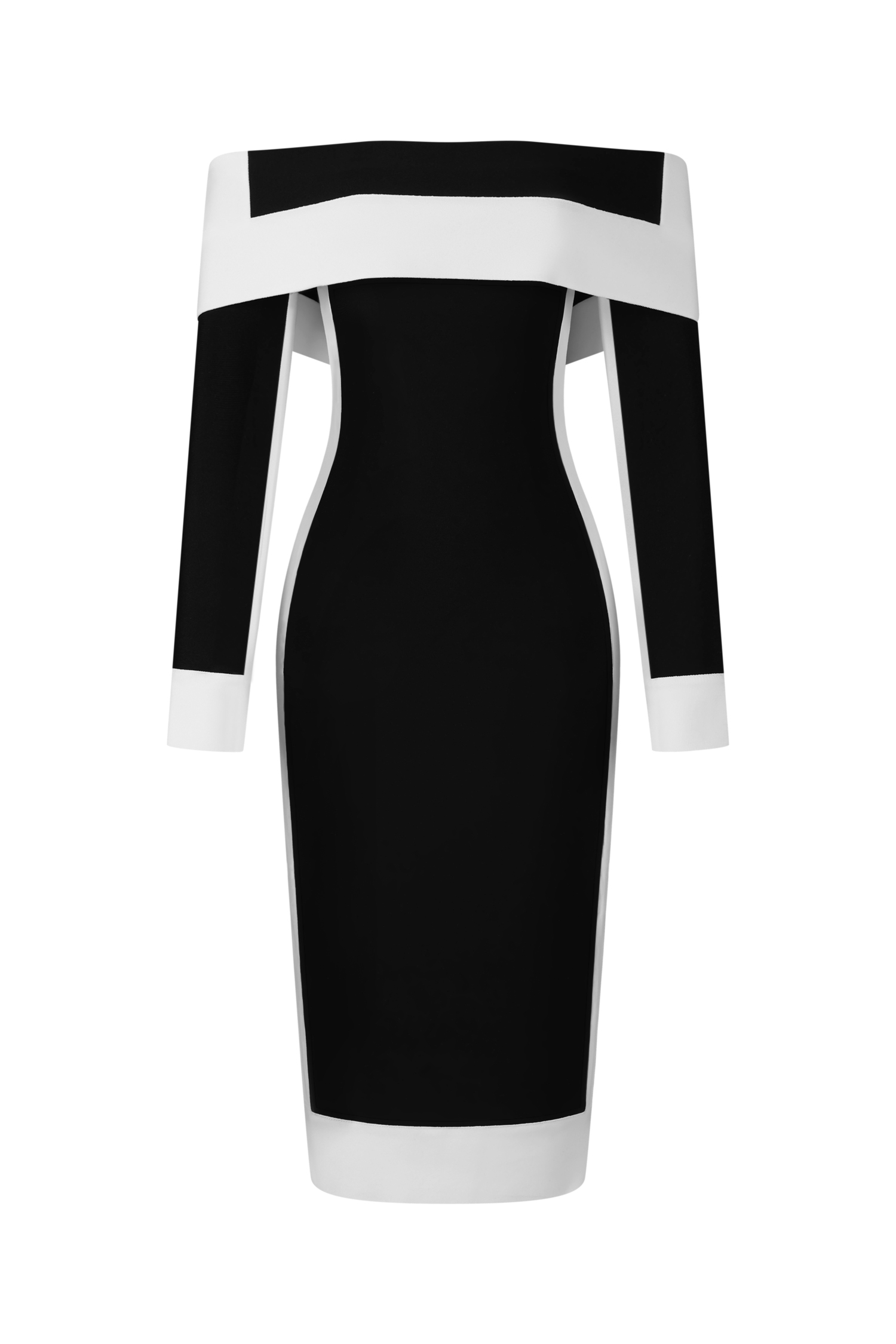 Mattey Off-The-Shoulder Long Sleeves Stripes Bandage Midi Dress