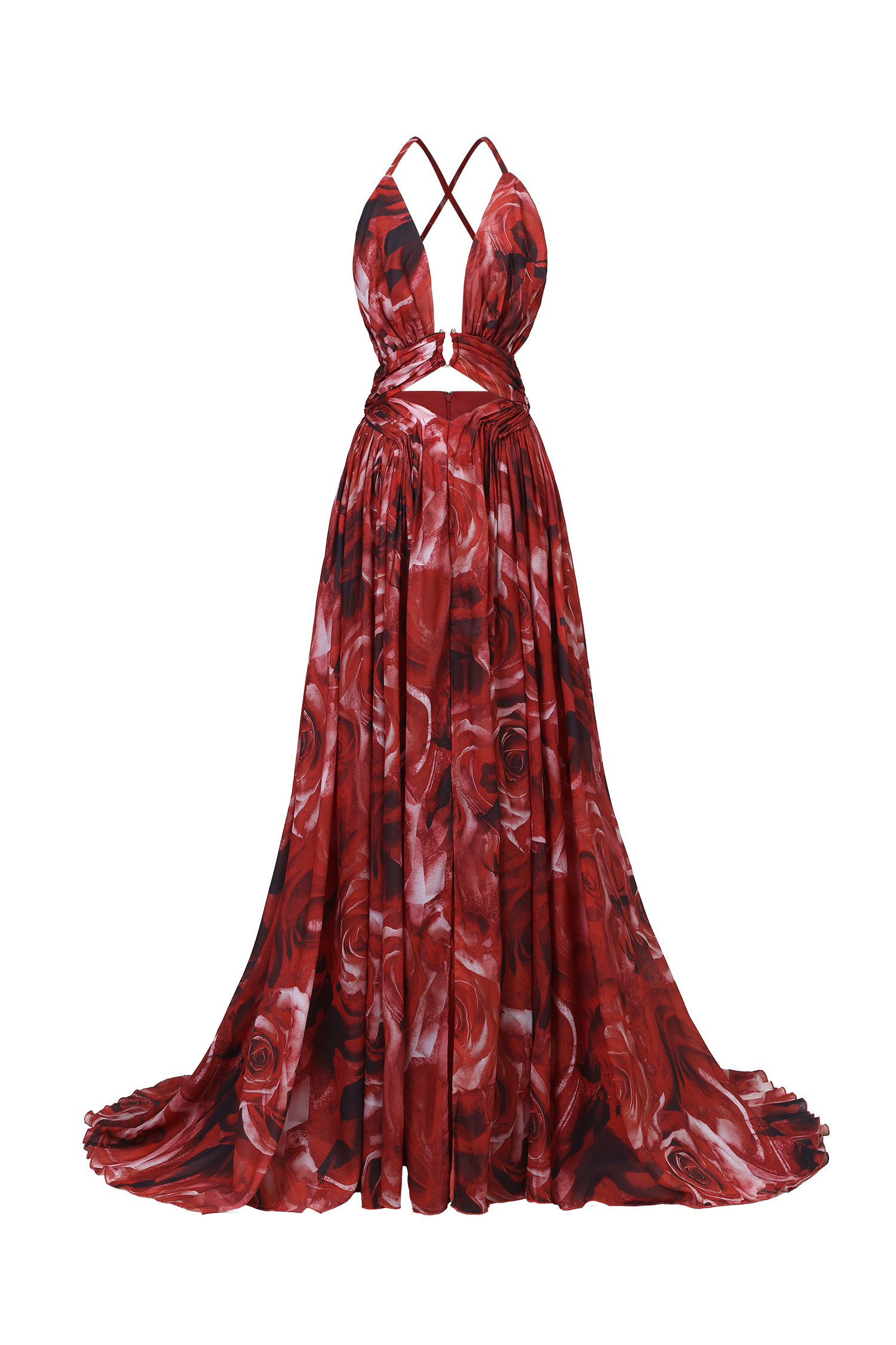 Zem Halter Sleeveless Pearl V-Neck Hollowed Out Print Slit Maxi Dress