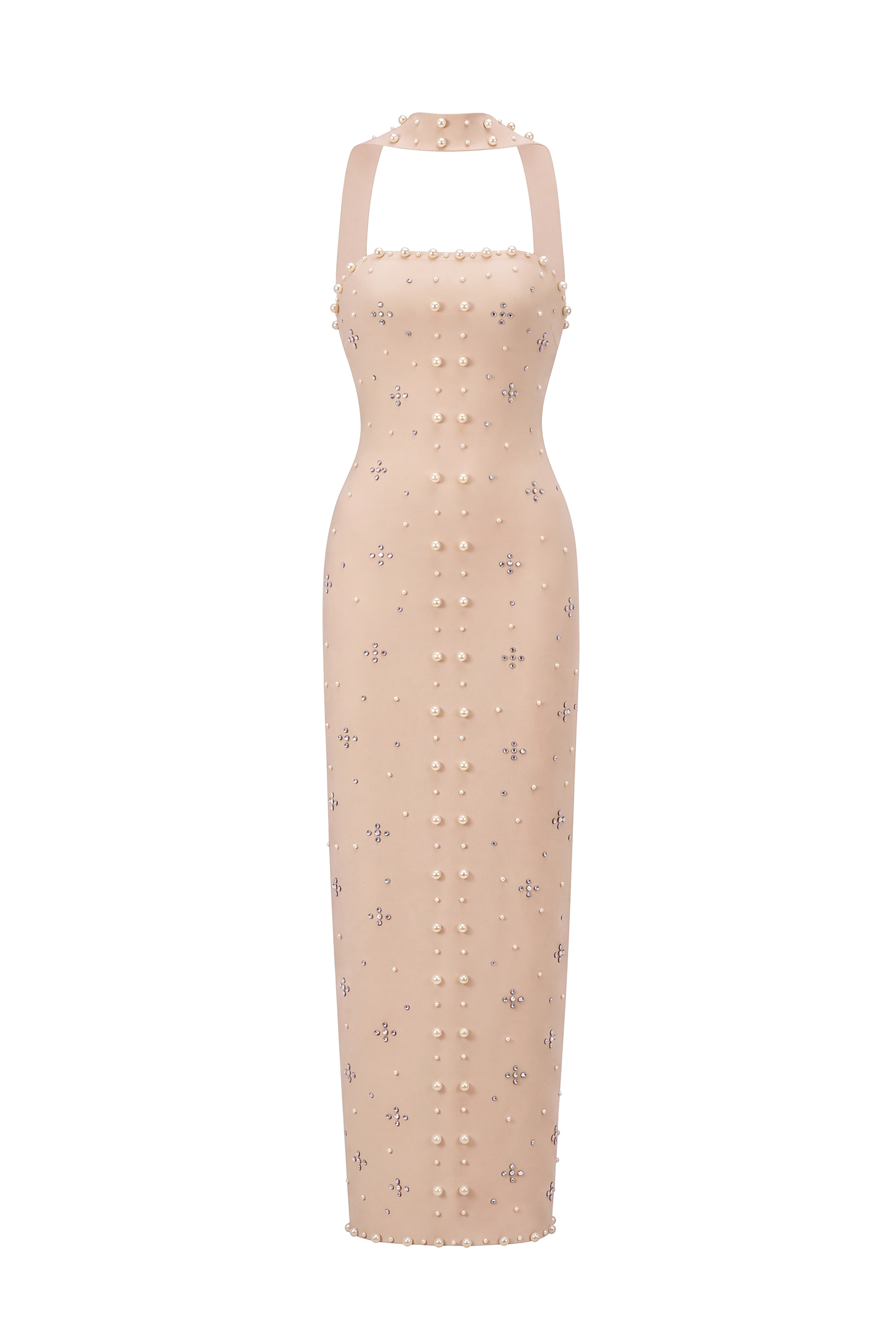 Nesya Sleeveless Pearl Bandage Nude Maxi Dress