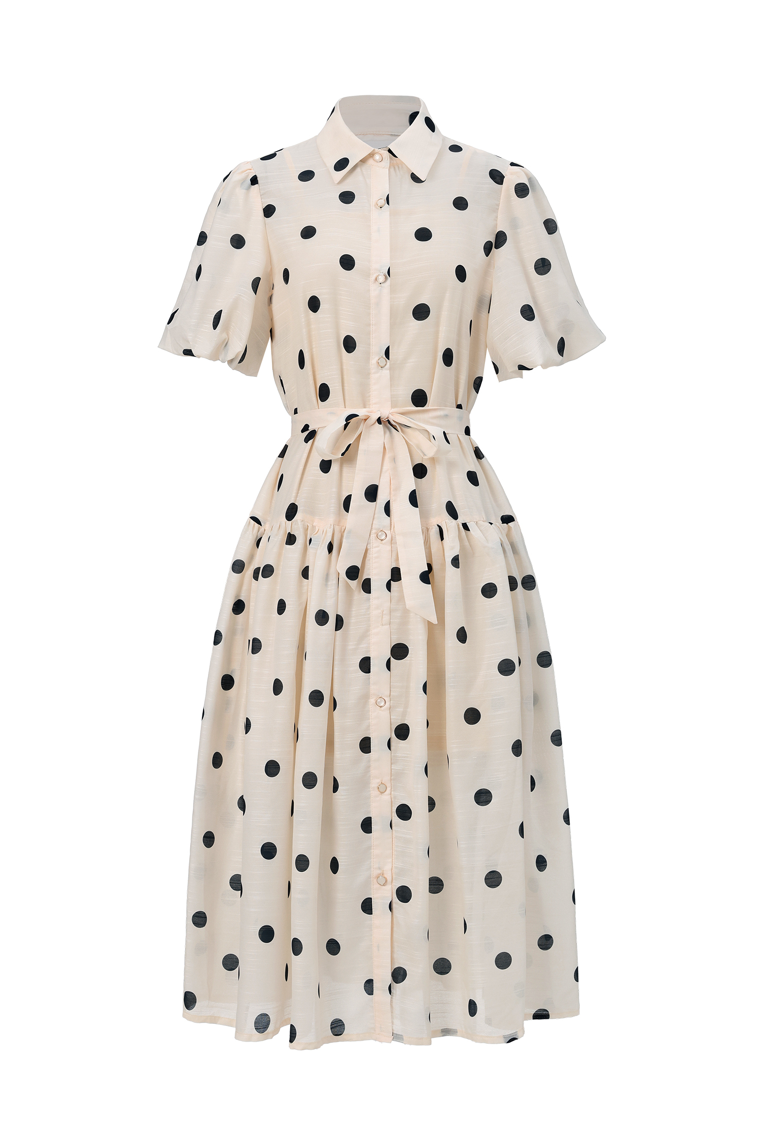 Kiera Lapel Dot Printed Puff Sleeves Midi Dress