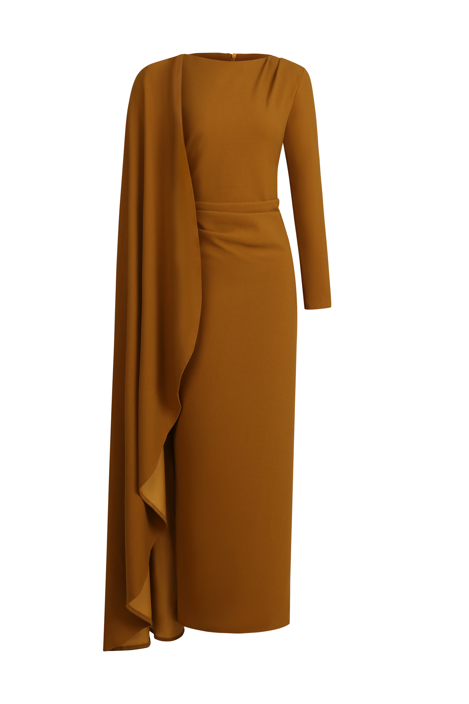 Haka Long Sleeve Asymmetrical Cape Pleated Maxi Dress