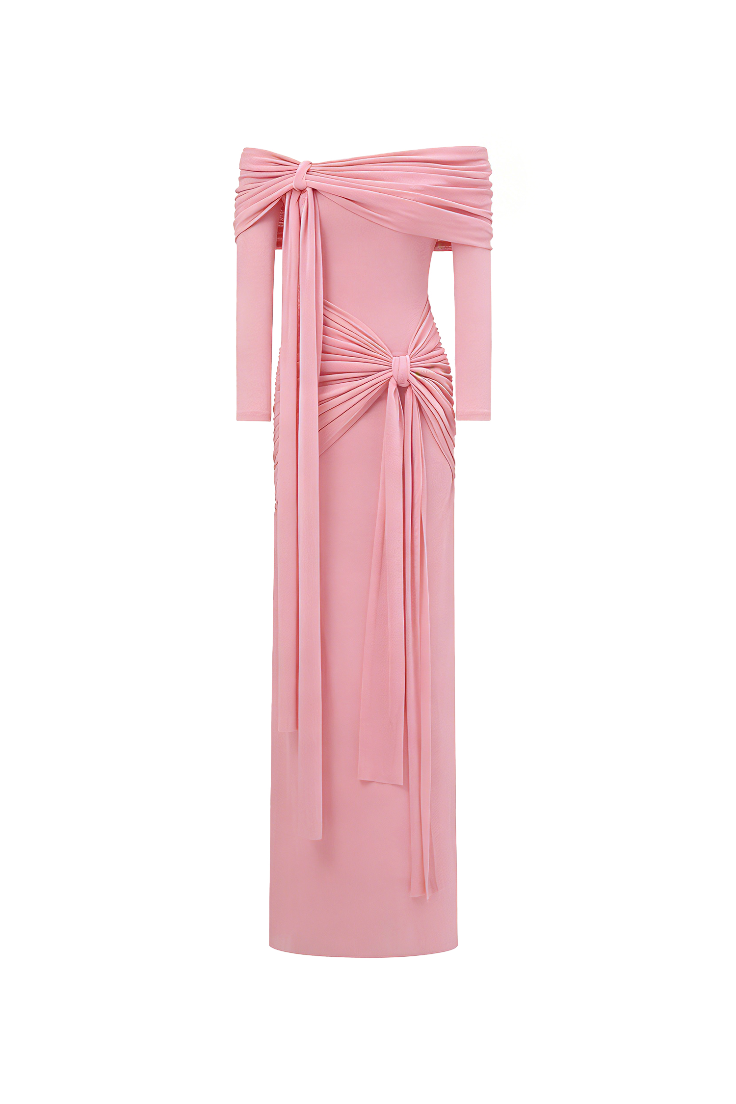 Jillian Off Shoulder Long Sleeve Ruched Pink Maxi Dress