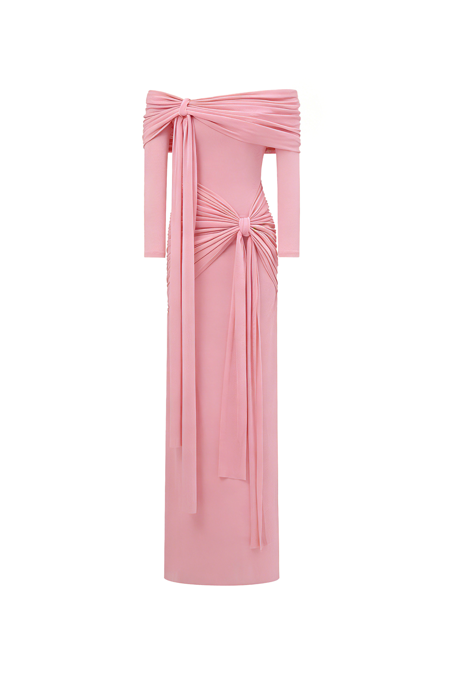 Jillian Off Shoulder Long Sleeve Ruched Pink Maxi Dress