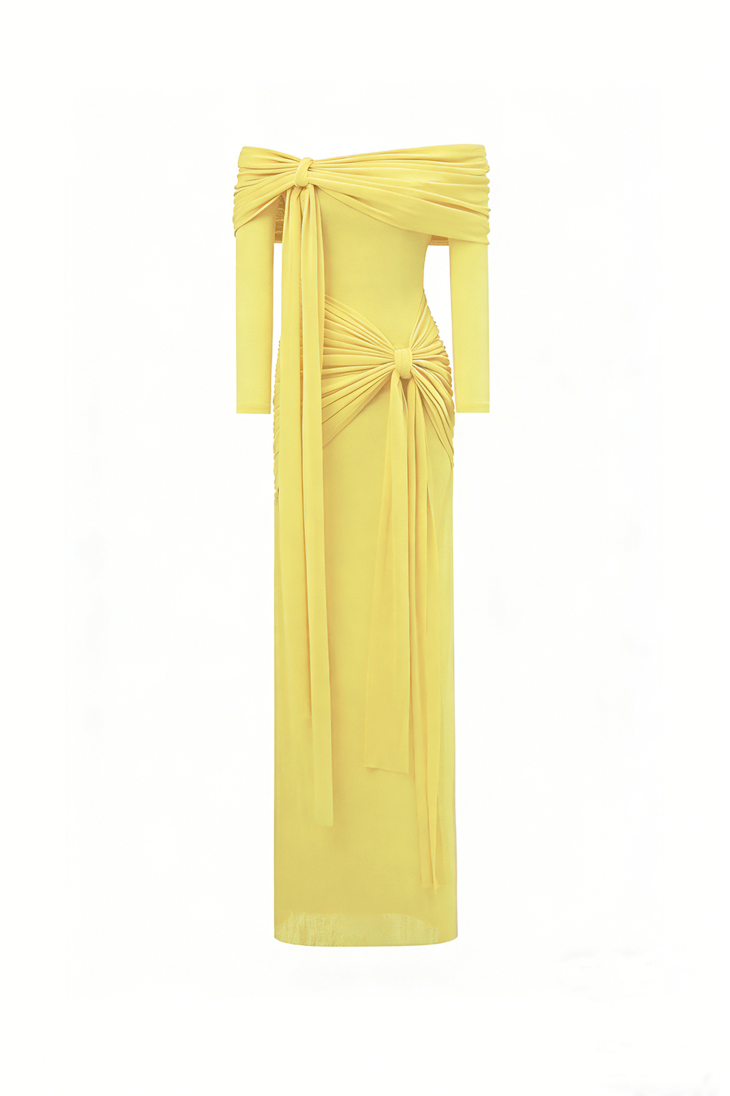 Jillian Off Shoulder Long Sleeve Ruched Yellow Maxi Dress