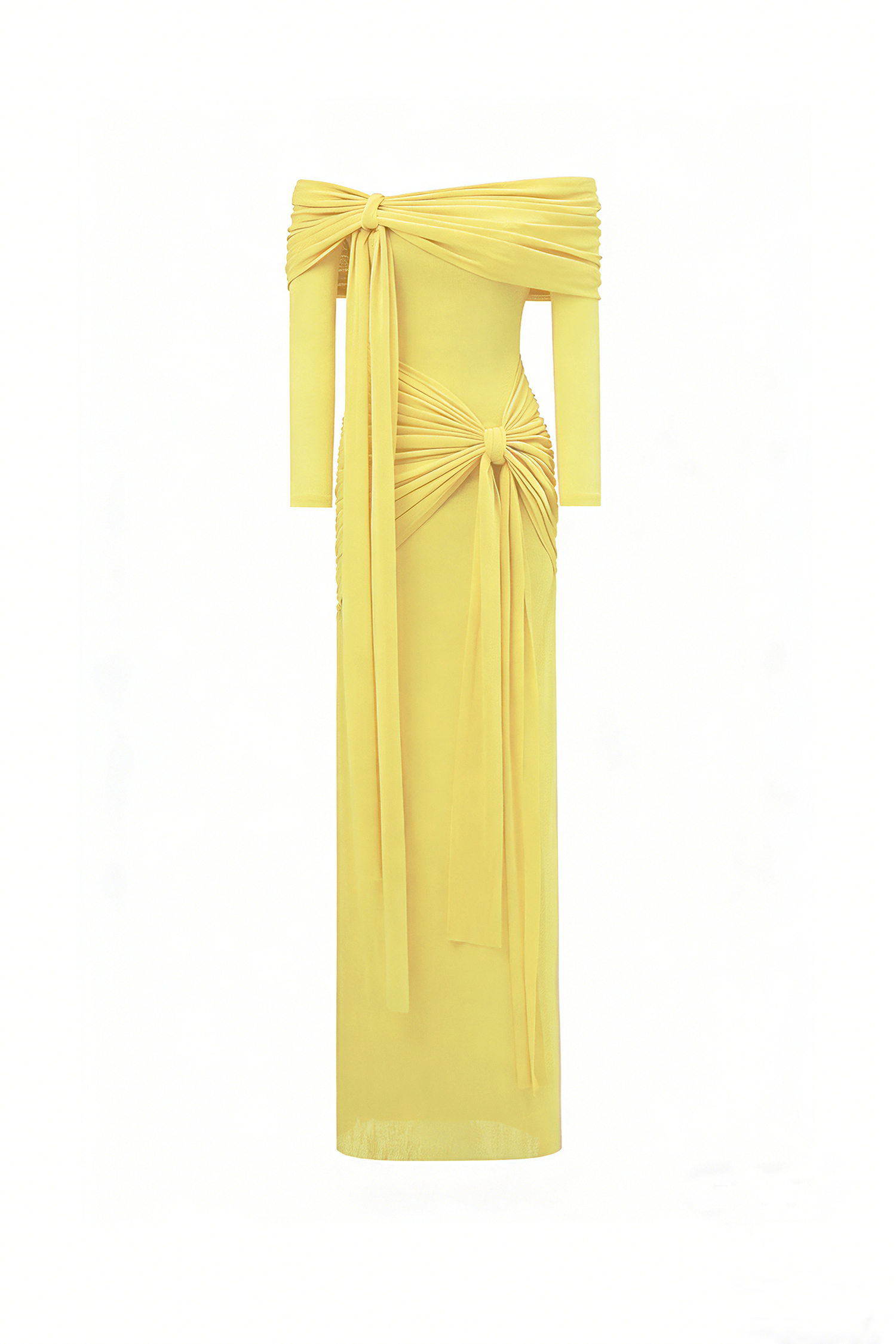Jillian Off Shoulder Long Sleeve Ruched Yellow Maxi Dress