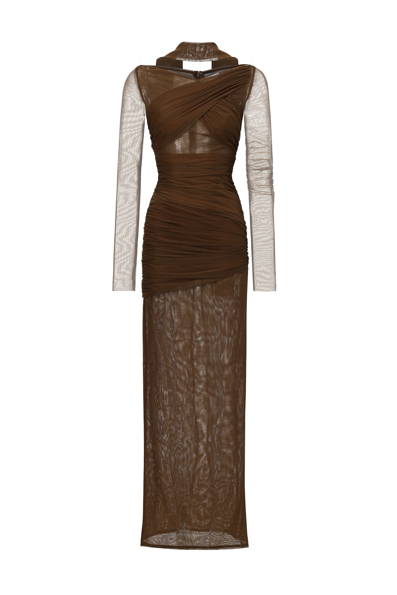 Zimino Long Sleeve Ruched Tulle Maxi Dress