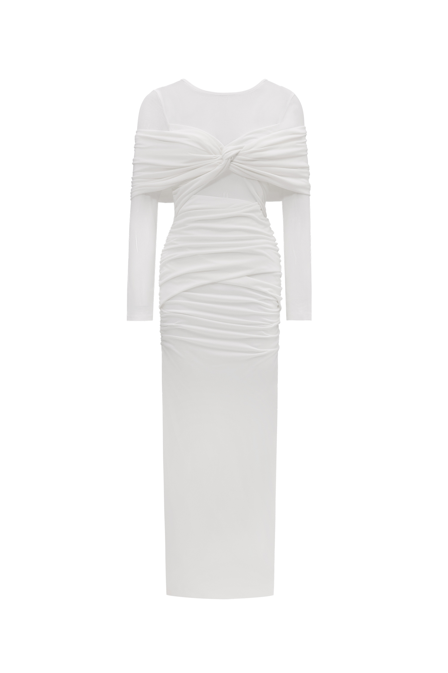 Ingrid Elegant Contour Ruched Mesh Layered Knit Maxi Dress