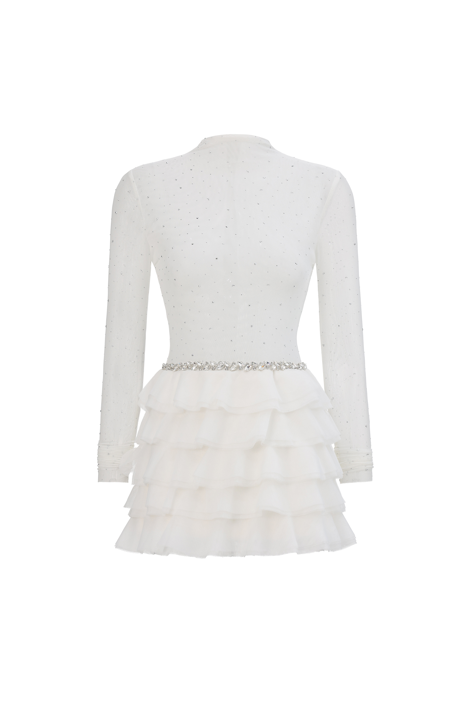 Kerta Classic Contour Crystal Ruffle Mesh White Mini Dress