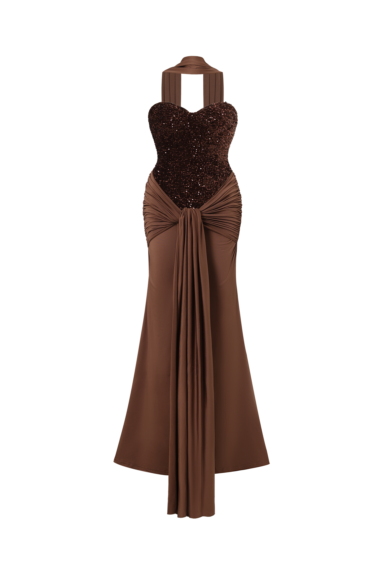 Sharlot Elegant Contour Strapless sequin Draped Knit Maxi Dress