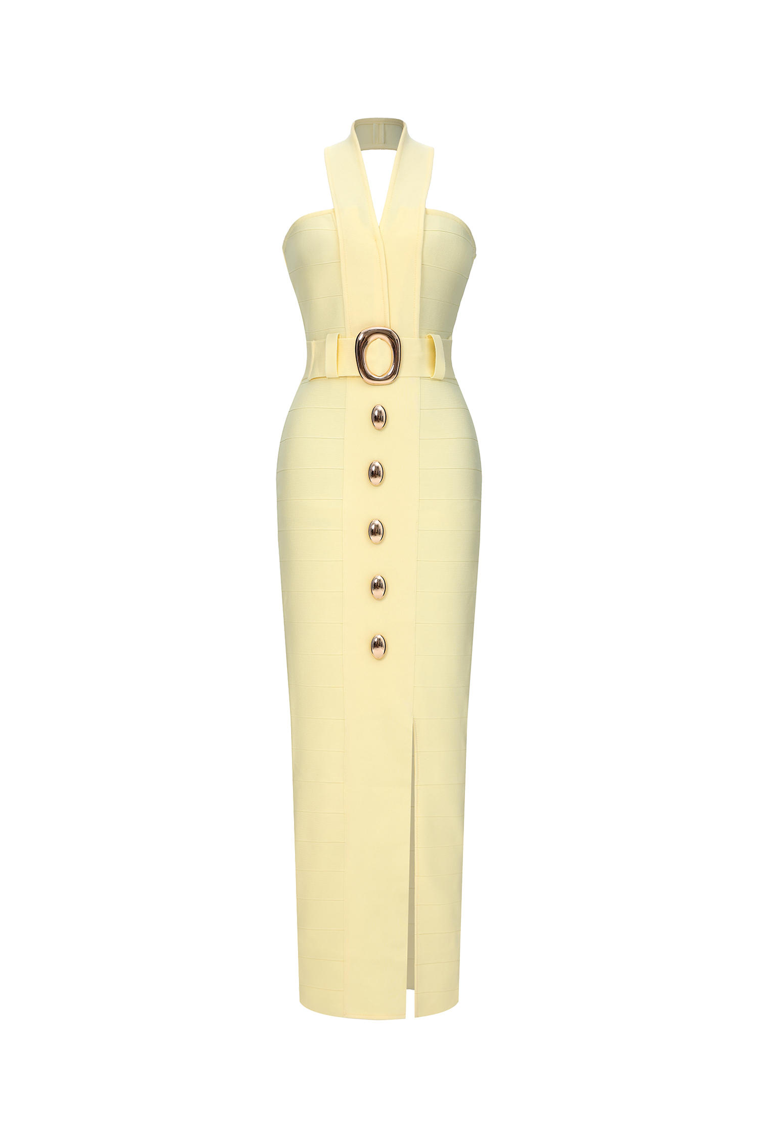 Lanla Chic Contour Halter Metal Buckle Bandage Maxi Dress