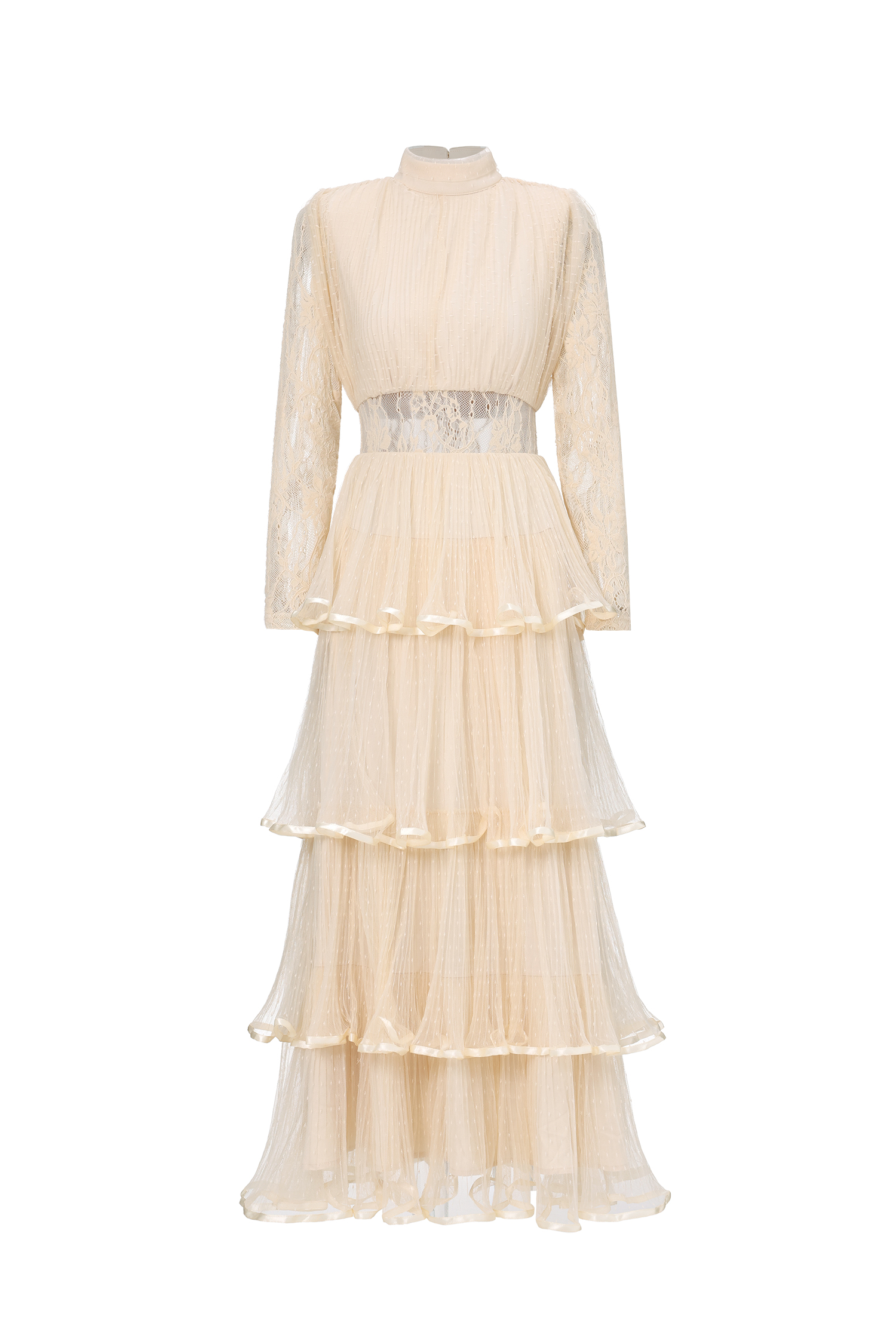 Yannei Romantic Flowy Long Sleeve Lace Tiered Tulle Maxi Dress