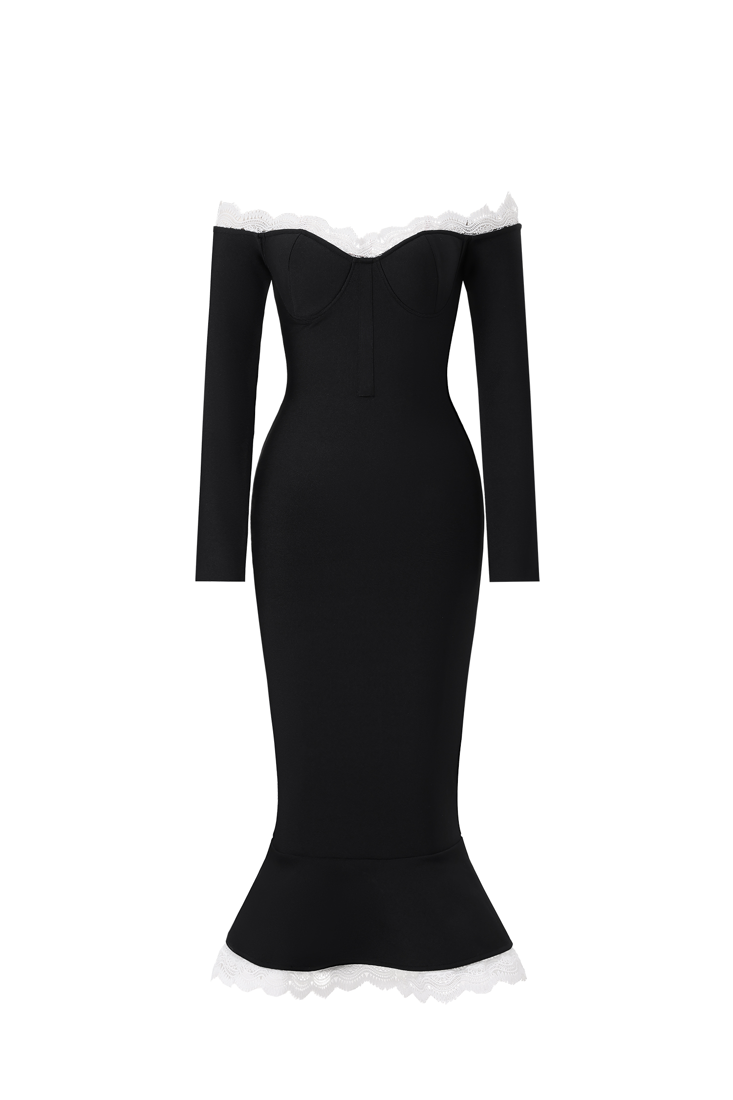 Lousia Romantic Contour Off Shoulder Button Front Lace Trim Bandage Midi Dress