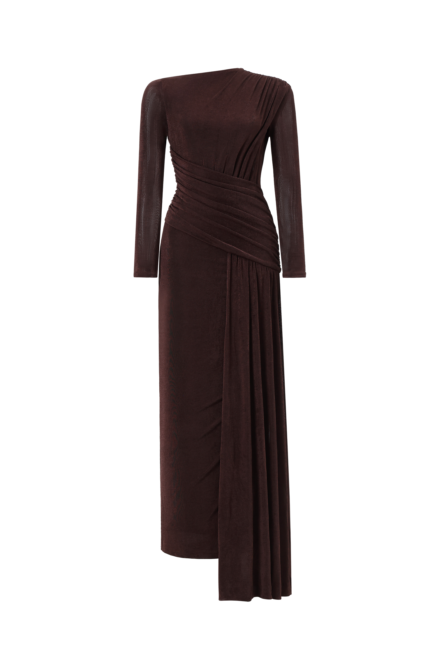 Skyler Elegant Contour Long Sleeve Ruched High Slit Knit Brown Maxi Dress
